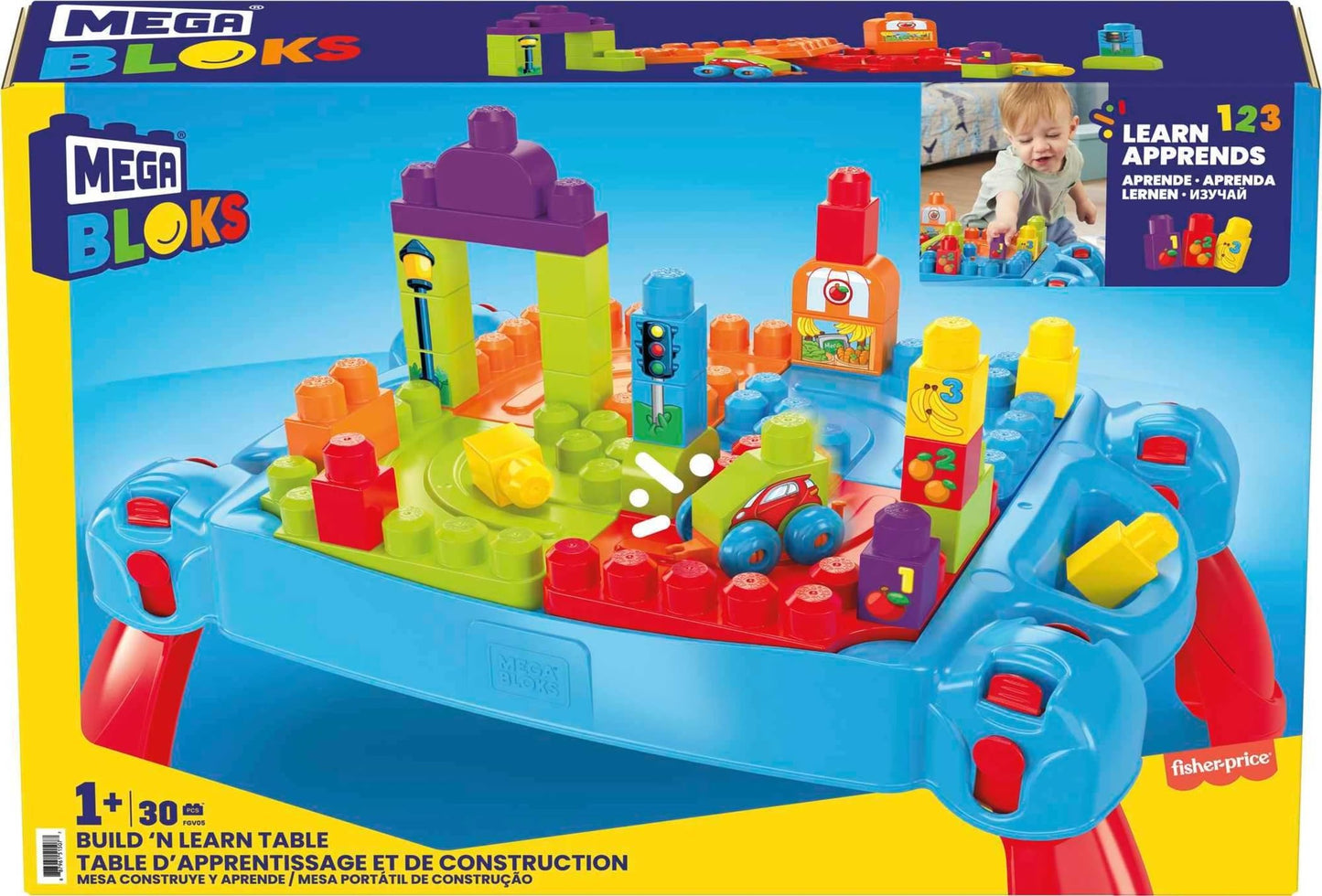 Mega Bloks First Builders Build 'n Learn Table – Portable 30-Piece Building Toy for Toddlers