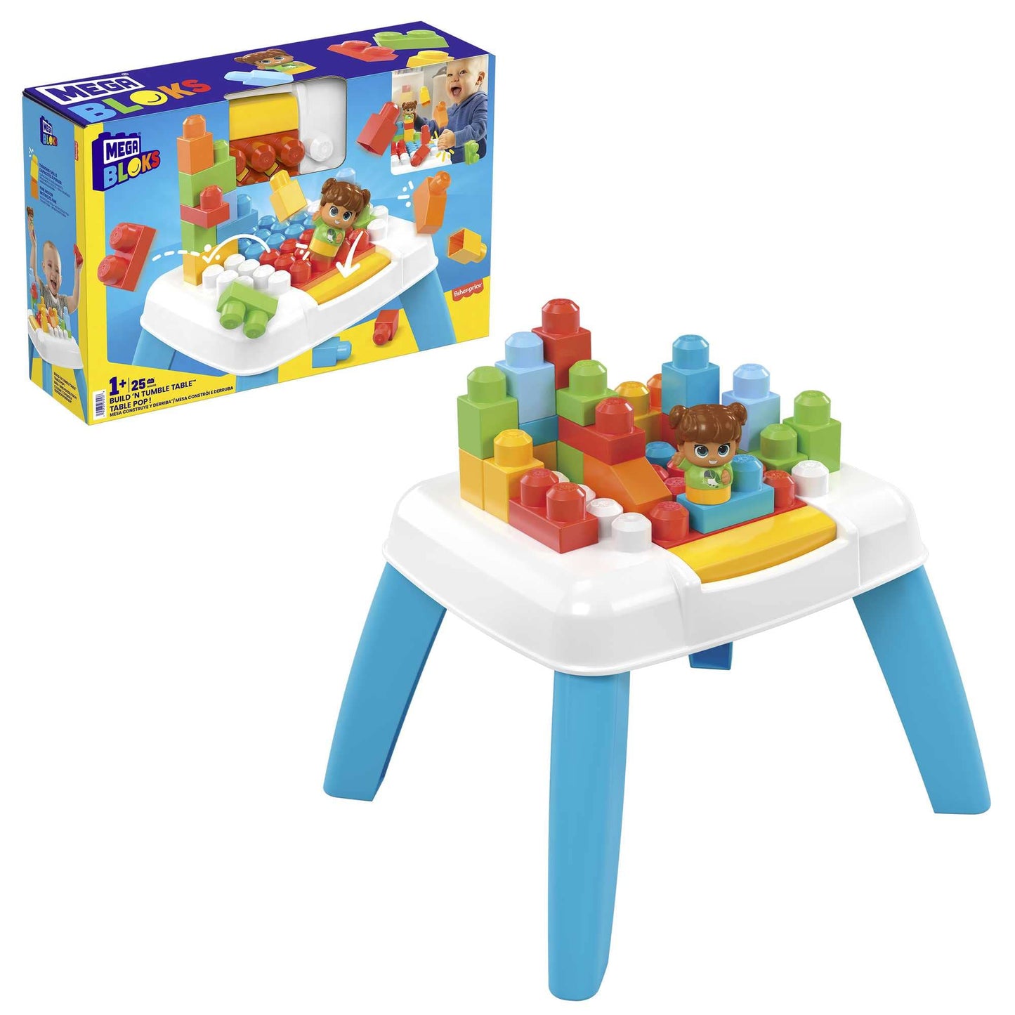 Mega Bloks Fisher-Price Build-n-Tumble Table – 25-Piece Toddler Blocks Set | Ages 1+