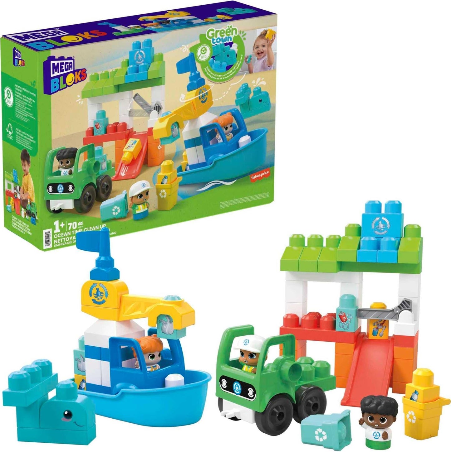 Mega Bloks Fisher-Price Ocean Time Clean Up — 70-Piece Toddler Block Set with 3 Figures | Ages 1+