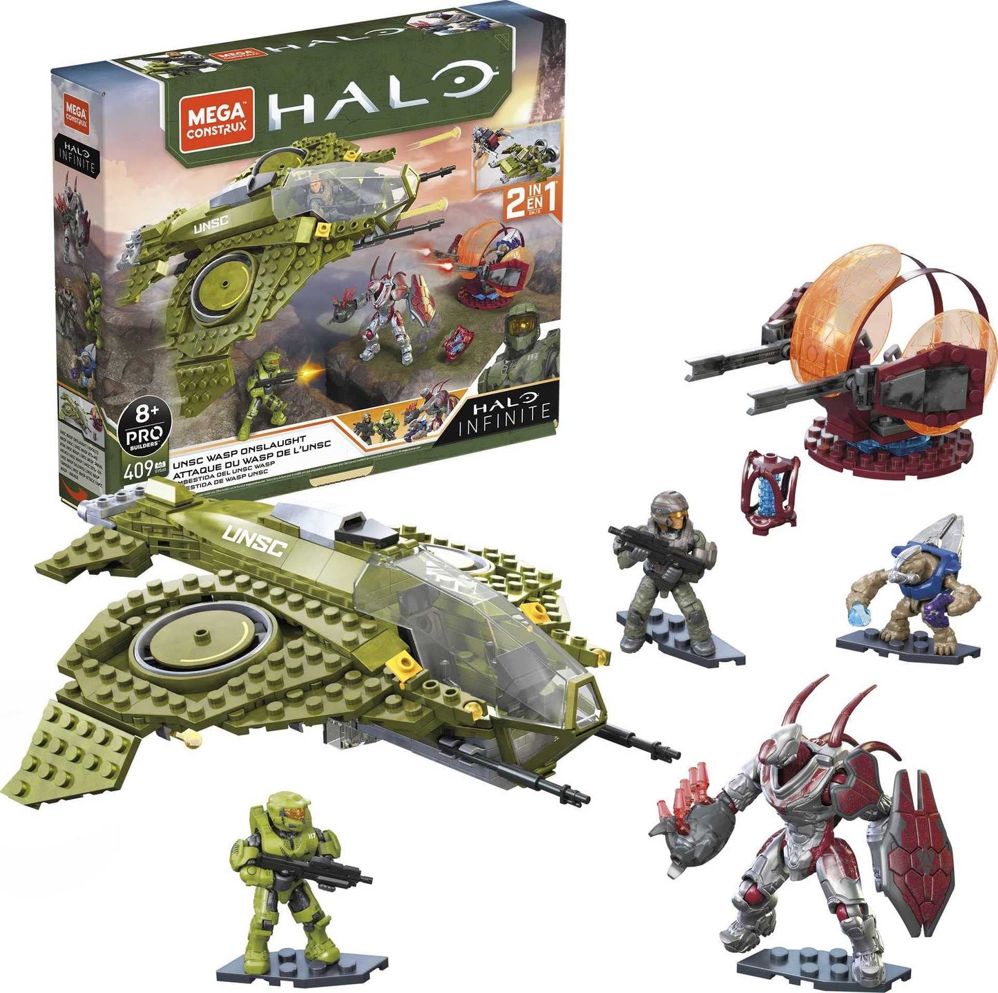 MEGA Halo Infinite UNSC Wasp Onslaught Aircraft – 406 Pieces, 4 Poseable Figures