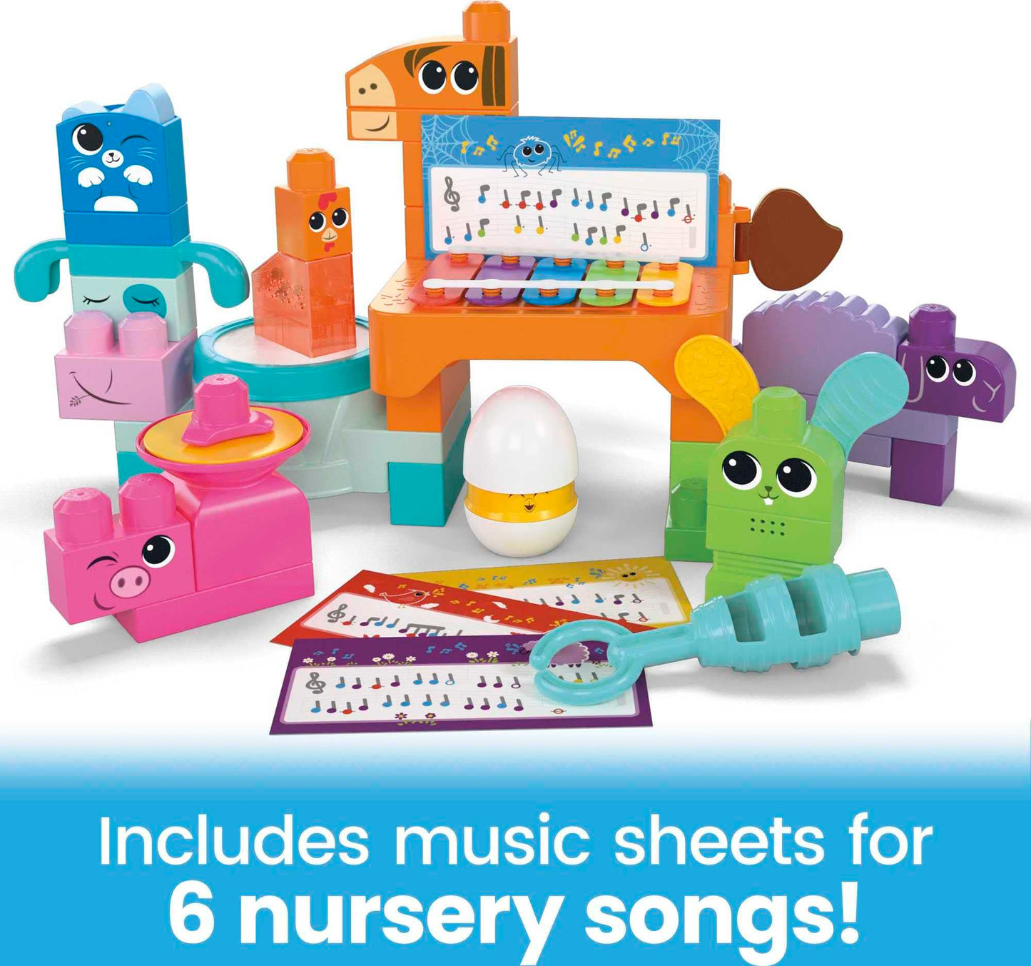 Mega Brands Mega Bloks Fisher-Price Toddler Musical Farm Band – 40 Pieces, 6 Music Sheets, Ages 1+