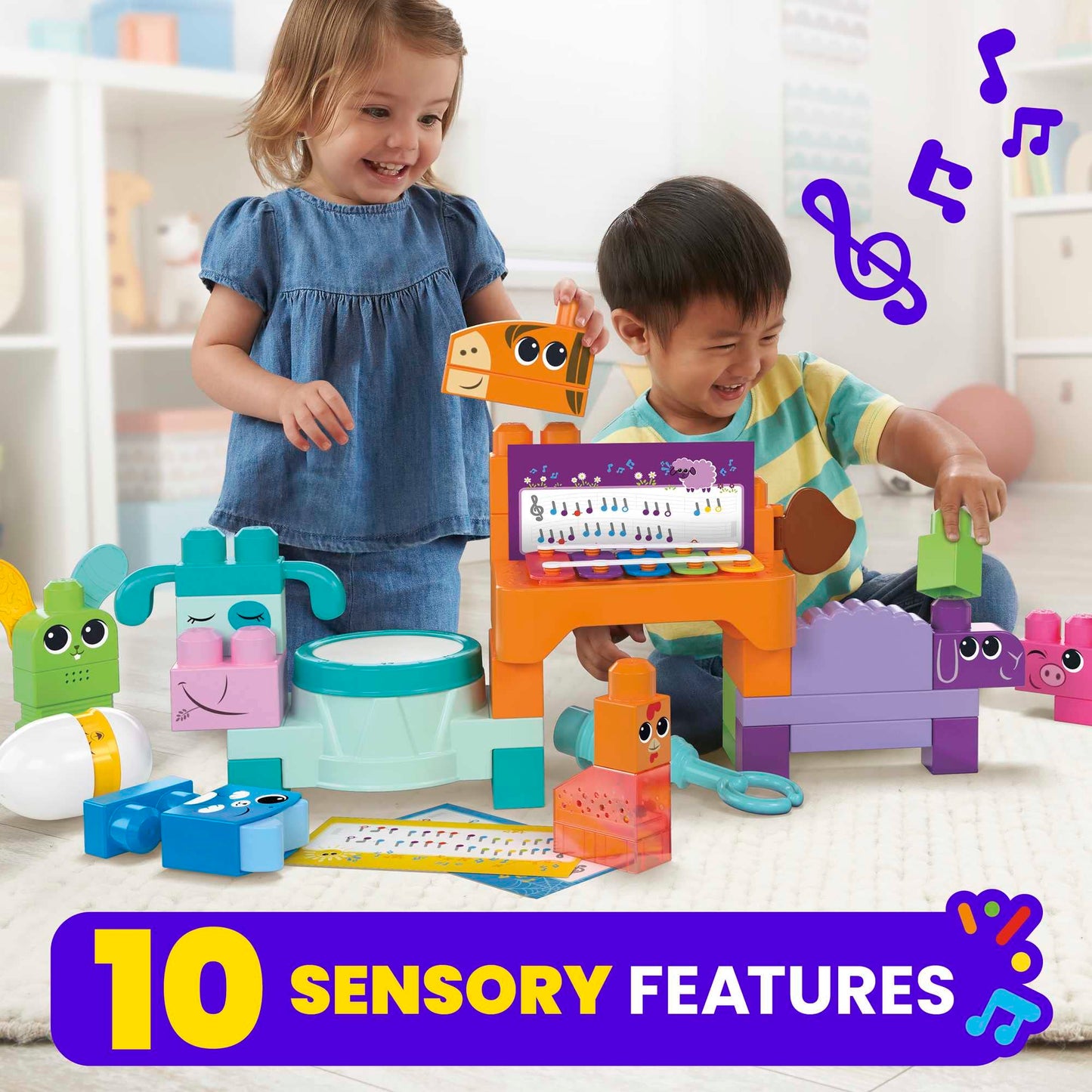 Mega Brands Mega Bloks Fisher-Price Toddler Musical Farm Band – 40 Pieces, 6 Music Sheets, Ages 1+
