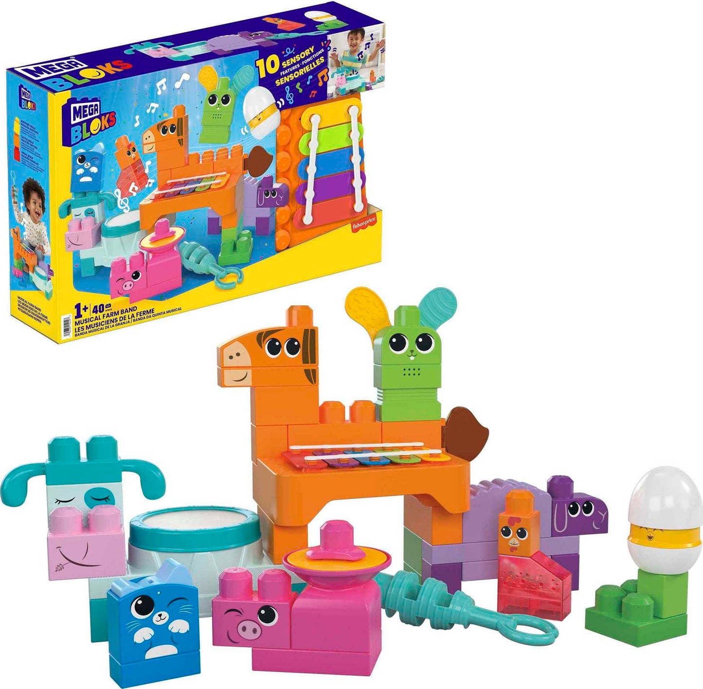 Mega Brands Mega Bloks Fisher-Price Toddler Musical Farm Band – 40 Pieces, 6 Music Sheets, Ages 1+
