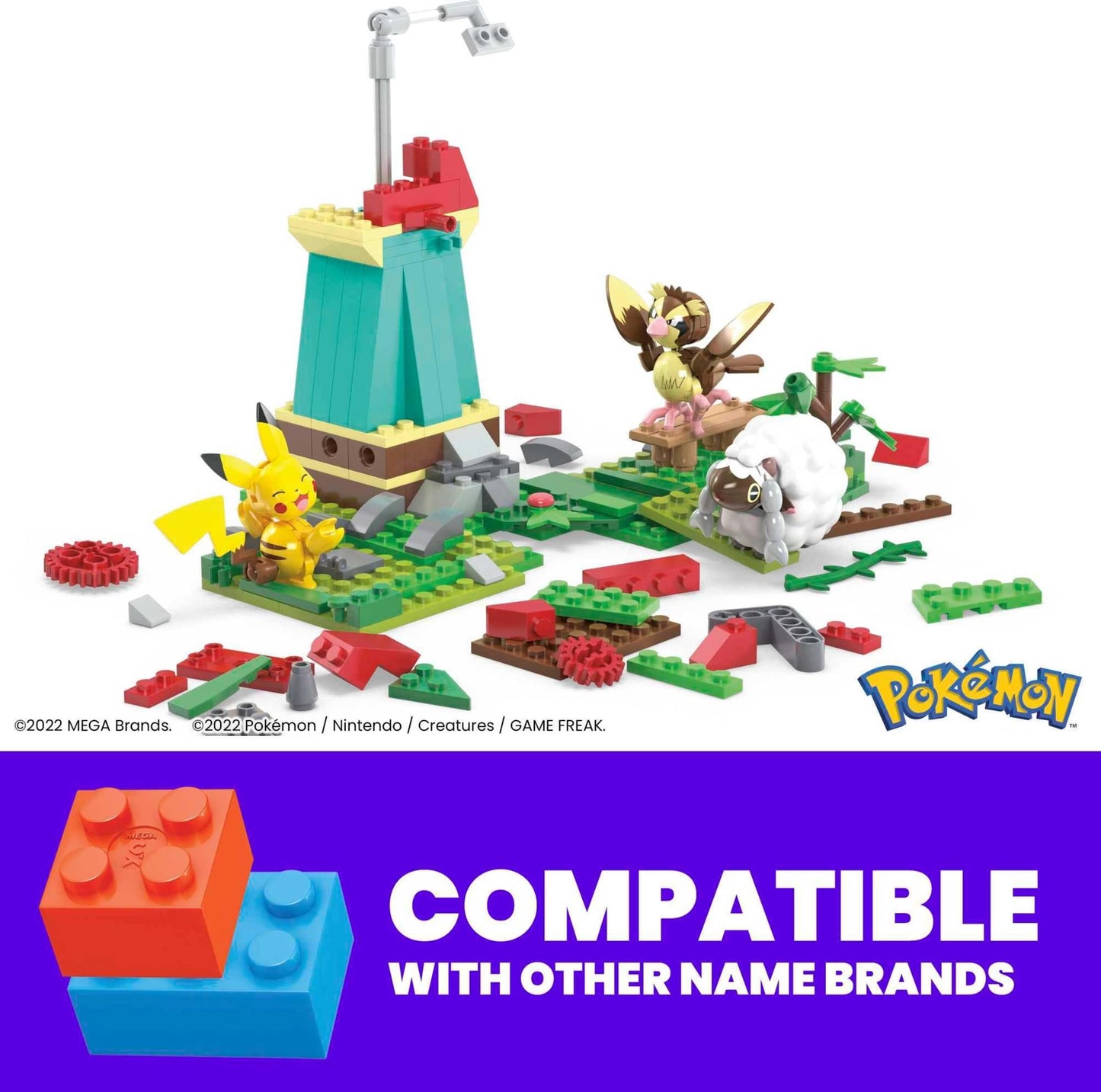 MEGA Pokemon Action Figure Building Toy Set — 240 Pieces, Windmill Motion Brick, Pikachu, Pidgey & Wooloo | Gift Idea for Kids | Mega Brands