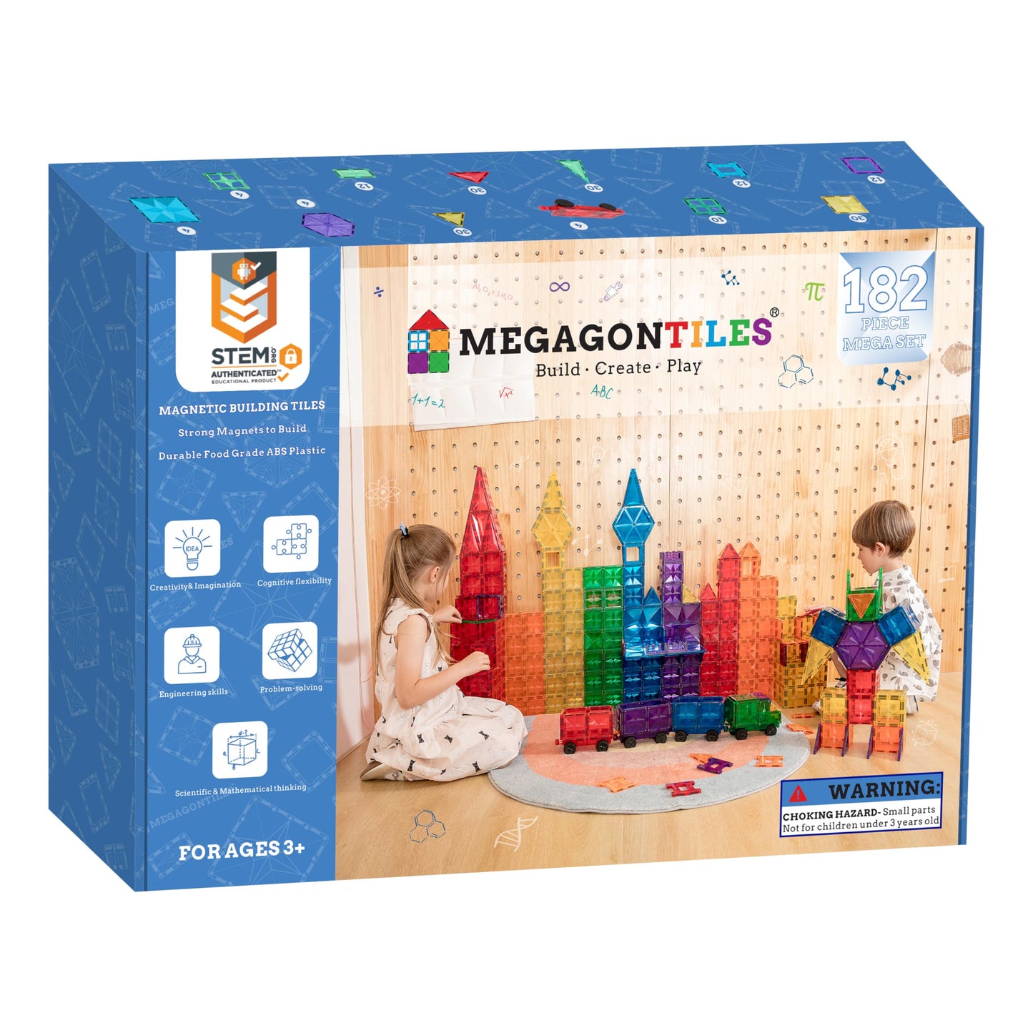 MEGAGONTILES 182PCS Premium Magnetic Tiles Set – STEM-Authenticated Educational Building Blocks for Kids 3–8
