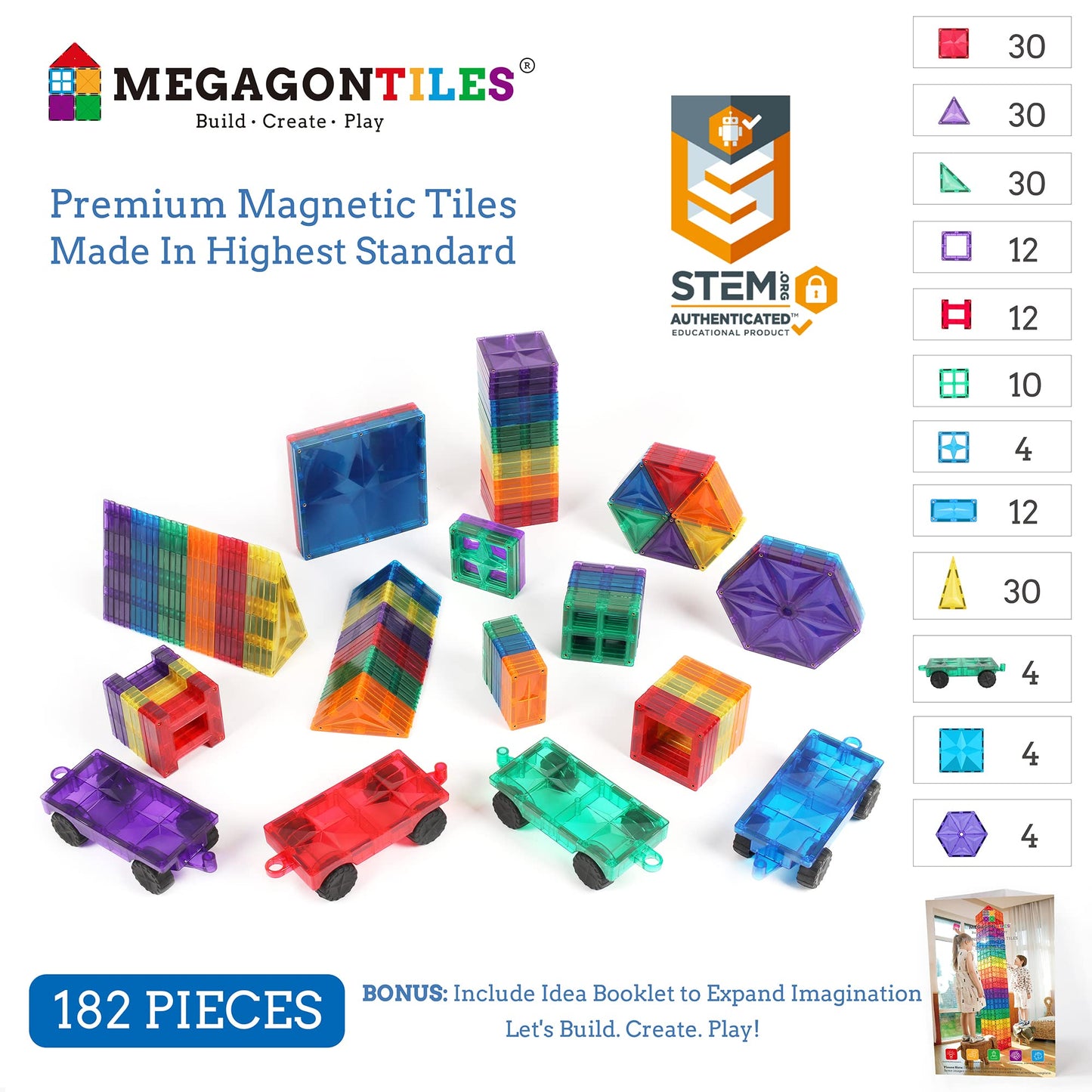 MEGAGONTILES 182PCS Premium Magnetic Tiles Set – STEM-Authenticated Educational Building Blocks for Kids 3–8