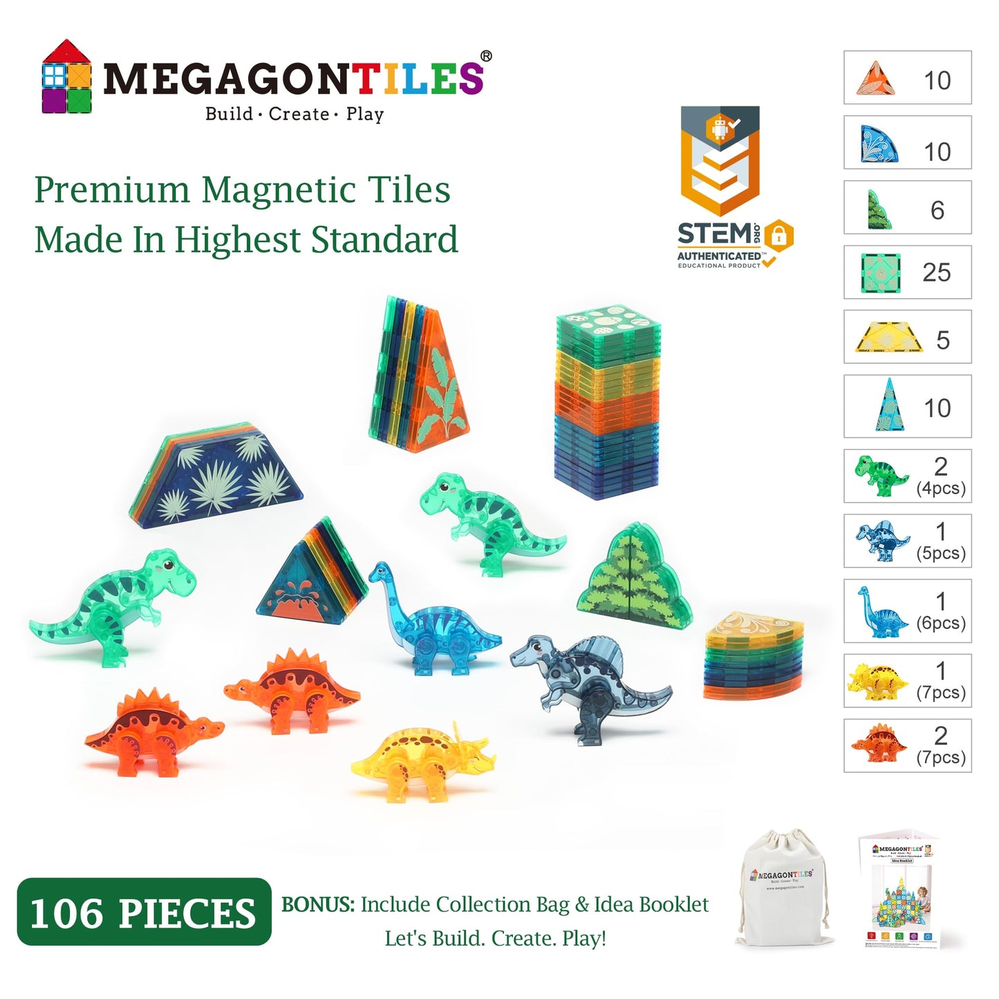 MEGAGONTILES Dinosaur Magnetic Tiles Set – 106PCS STEM Building Toy for Kids 3–8