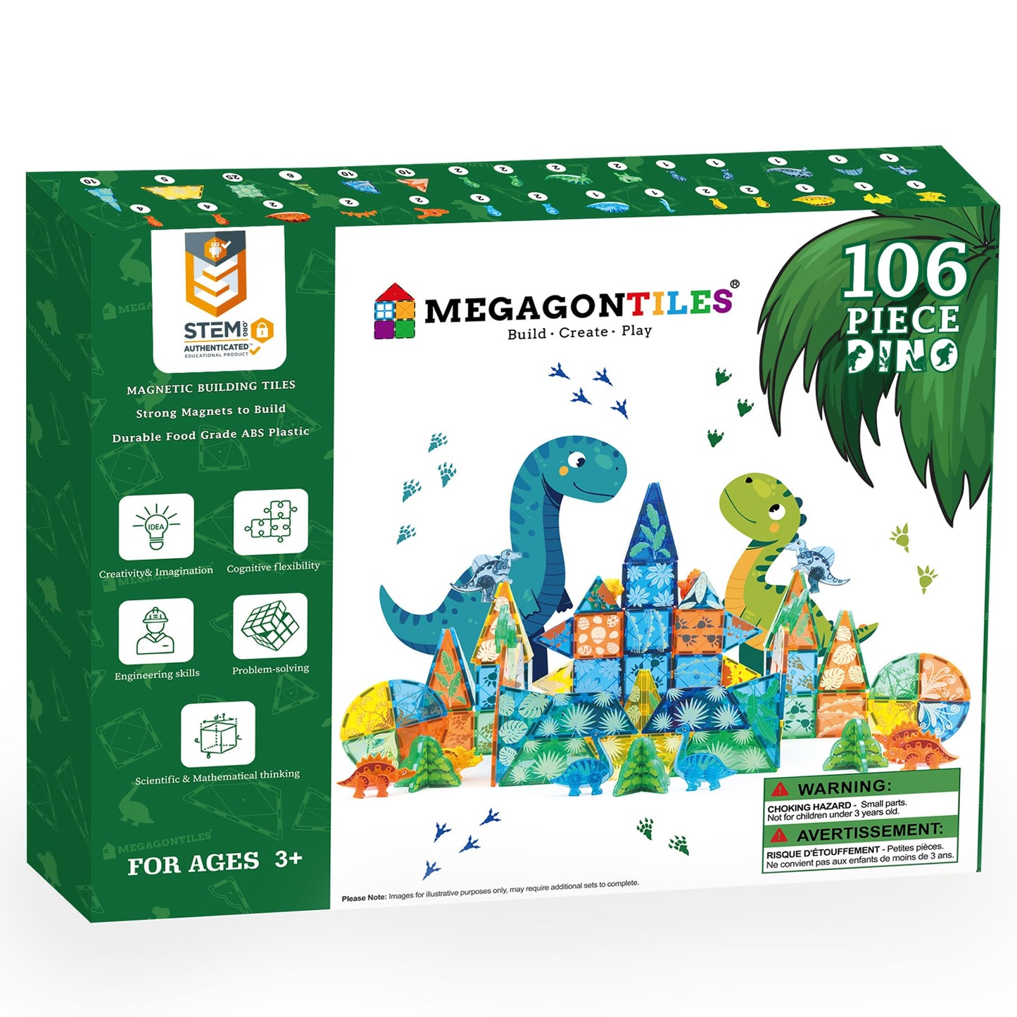 MEGAGONTILES Dinosaur Magnetic Tiles Set – 106PCS STEM Building Toy for Kids 3–8