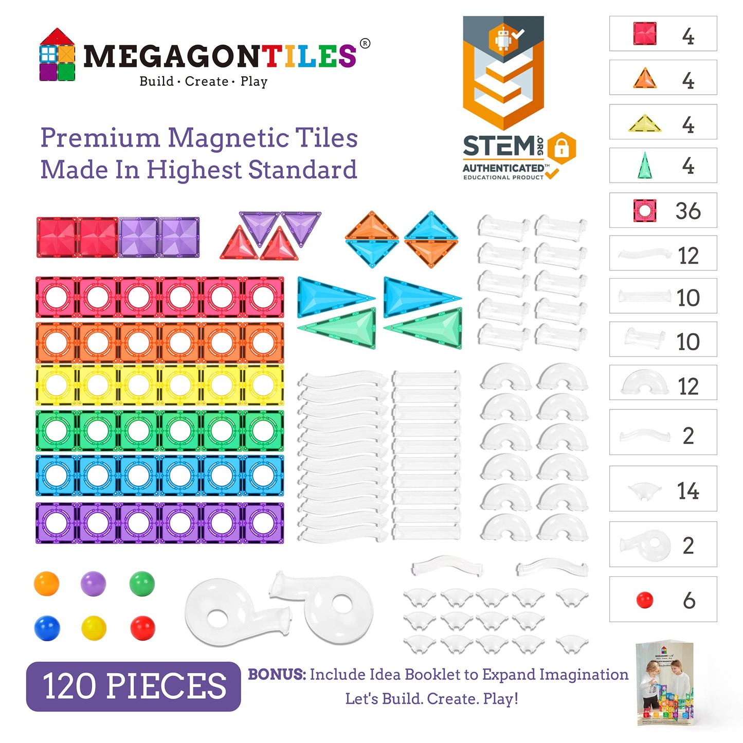 MEGAGONTILES Marble Run Magnetic Tiles Set 120PCS | STEM-Approved Educational Building Blocks for Kids 3–8