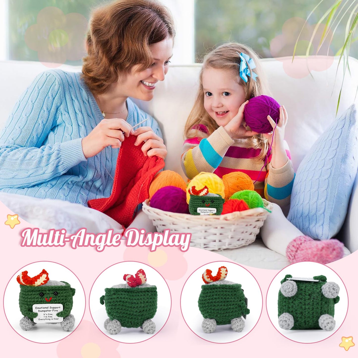 Megele 7-Piece Emotional Support Dumpster Fire Crochet with Positive Card | Cute Desk Accessories