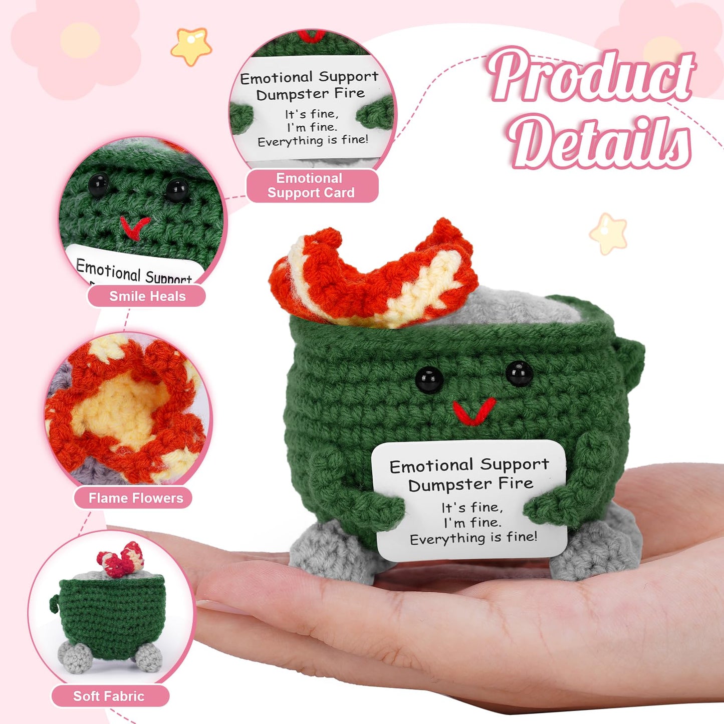 Megele 7-Piece Emotional Support Dumpster Fire Crochet with Positive Card | Cute Desk Accessories