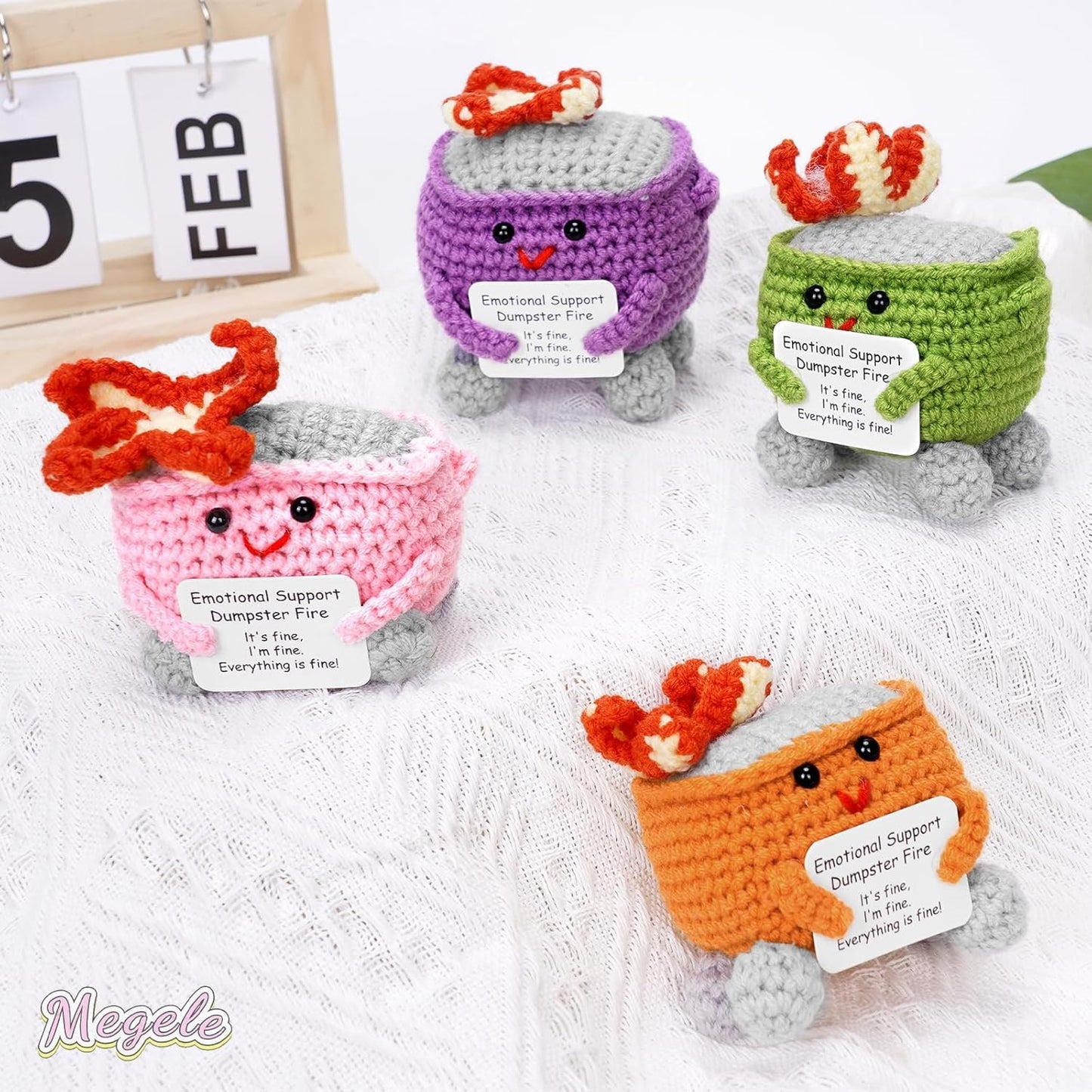 Megele 7-Piece Emotional Support Dumpster Fire Crochet with Positive Card | Cute Desk Accessories
