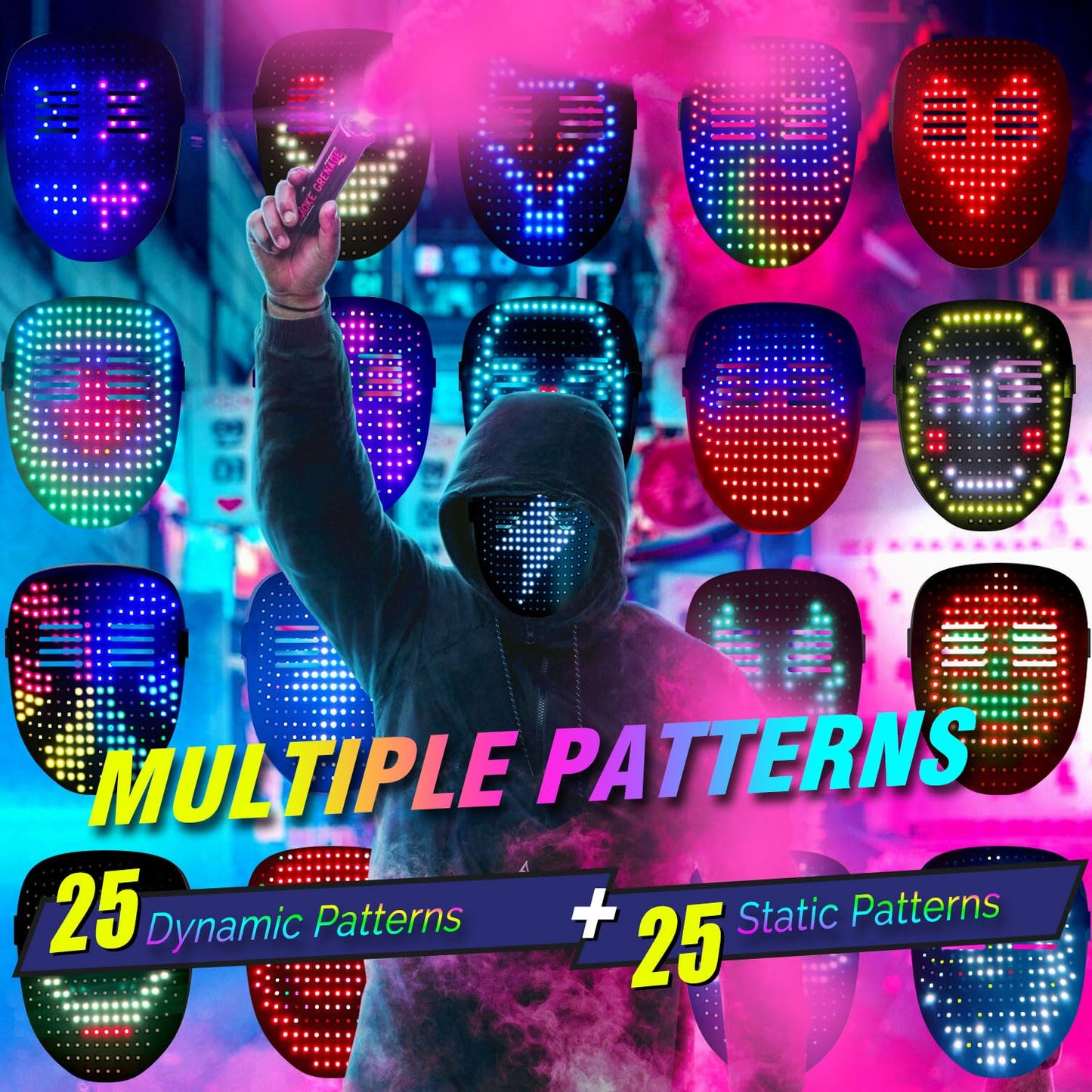 MEGOO Led Mask with Gesture Sensing - 50-Pattern Glow Mask for Parties & Events
