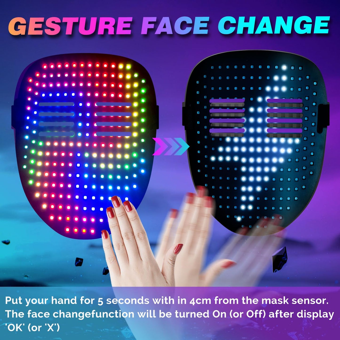MEGOO Led Mask with Gesture Sensing - 50-Pattern Glow Mask for Parties & Events