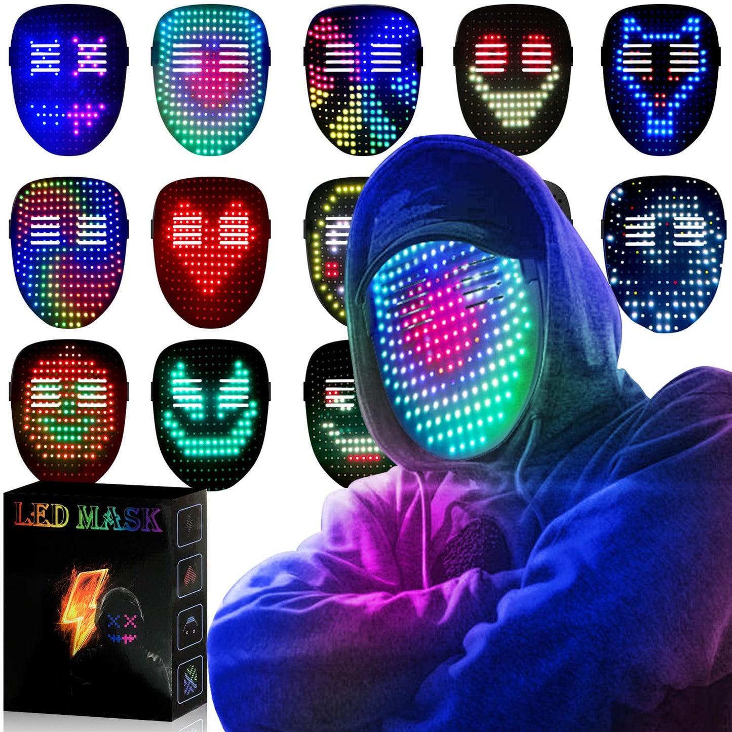 MEGOO Led Mask with Gesture Sensing - 50-Pattern Glow Mask for Parties & Events