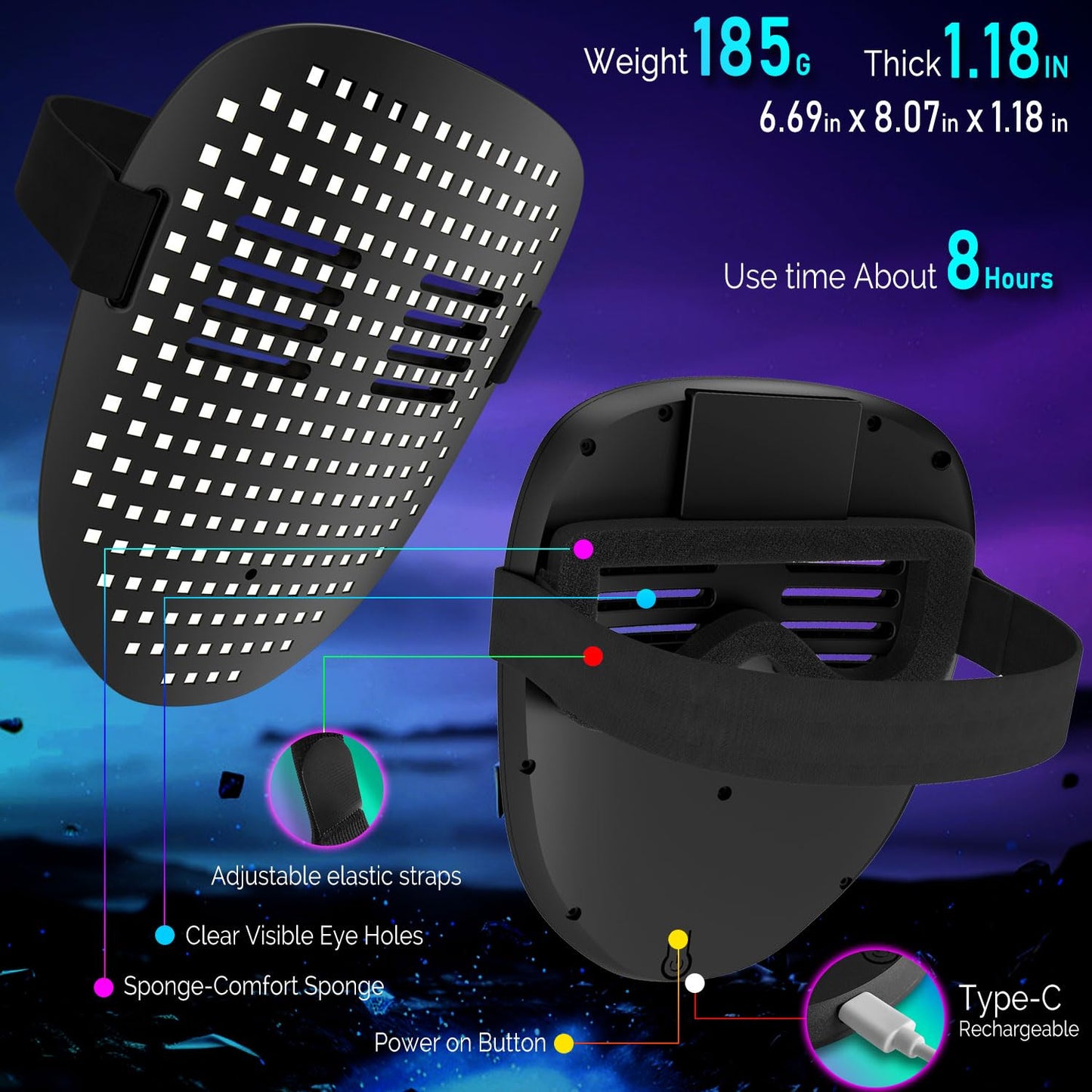 MEGOO Led Mask with Gesture Sensing - 50-Pattern Glow Mask for Parties & Events
