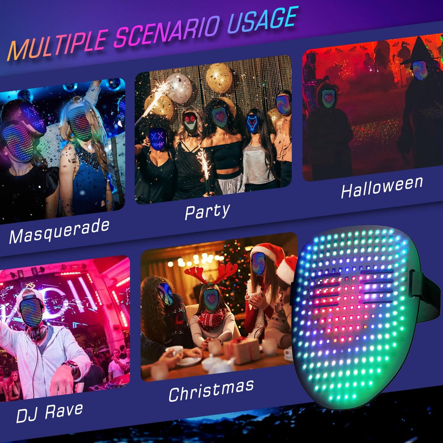 MEGOO Led Mask with Gesture Sensing - 50-Pattern Glow Mask for Parties & Events