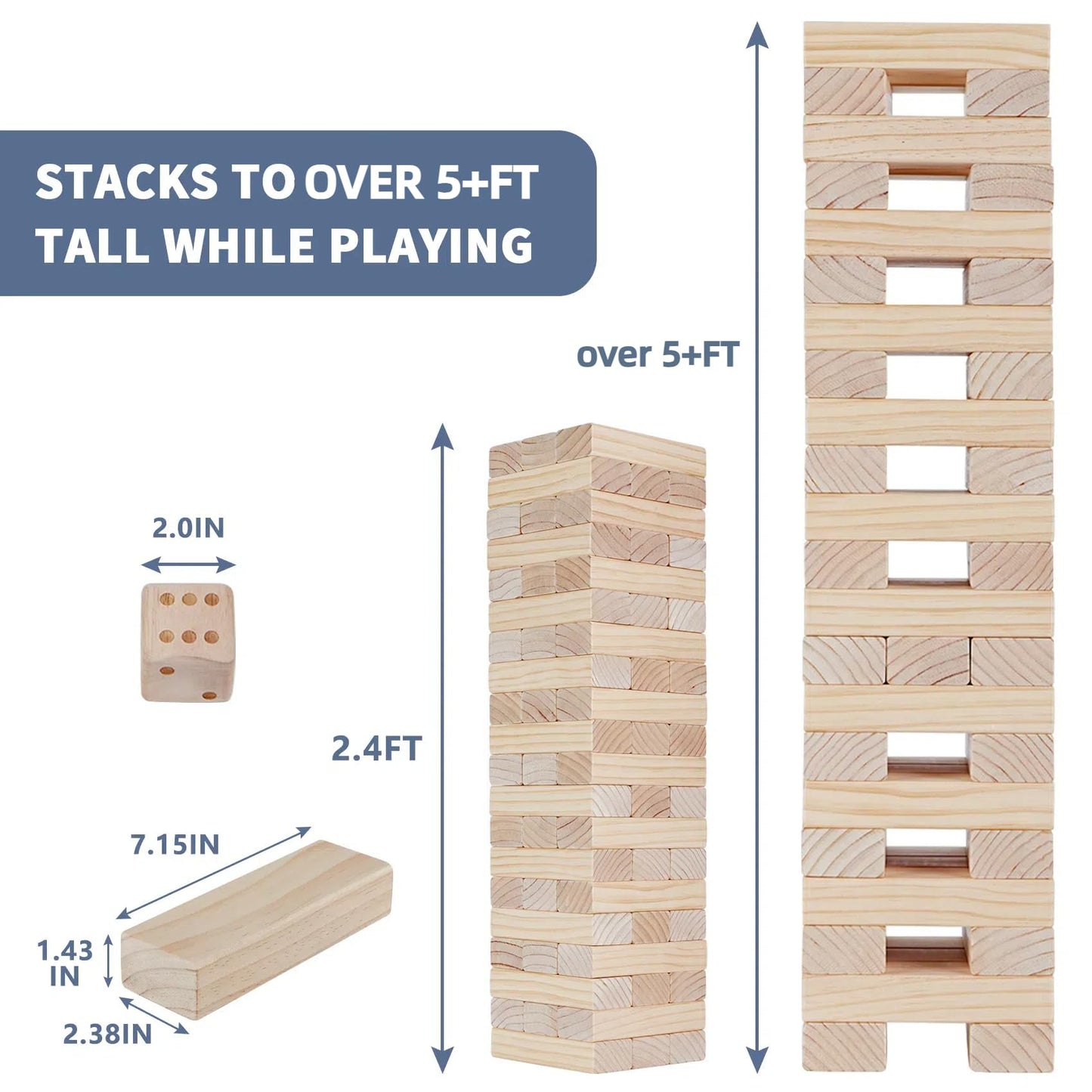 Megwoz Giant Tumble Tower Game – 60 Blocks, New Zealand Pine, Over 5 Feet Tall, Indoor/Outdoor Fun