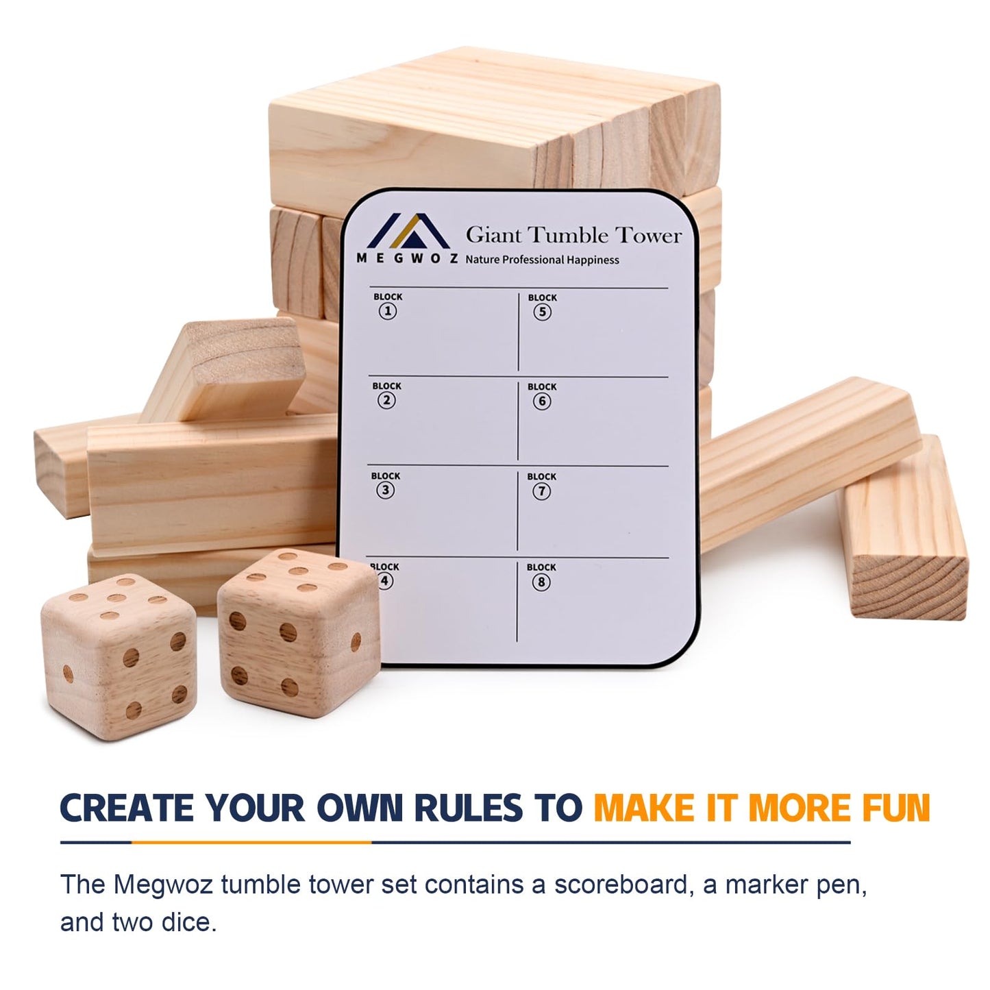 Megwoz Giant Tumble Tower: 57-Piece New Zealand Pine Block Set for Indoor & Outdoor Family Fun