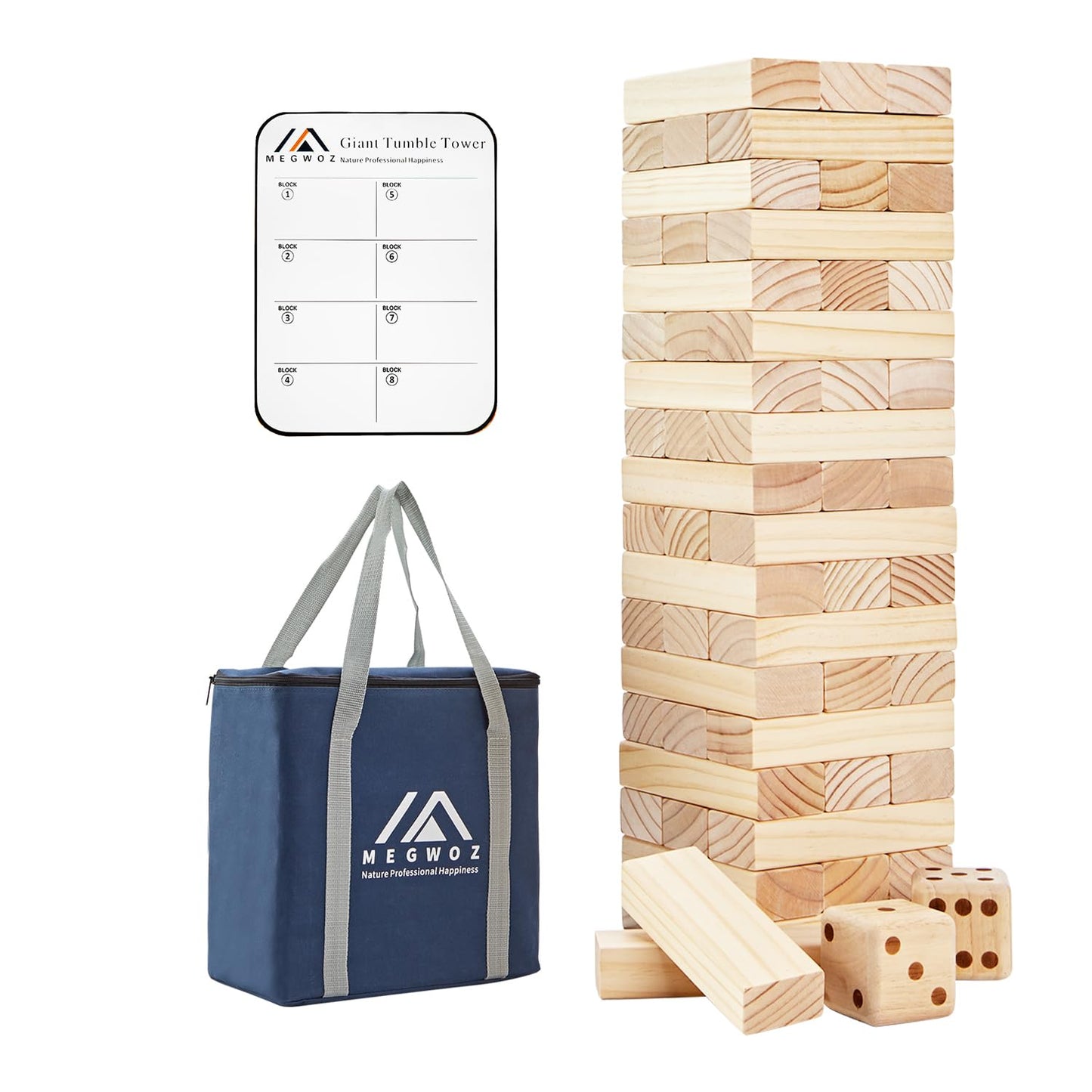 Megwoz Giant Tumble Tower: 57-Piece New Zealand Pine Block Set for Indoor & Outdoor Family Fun