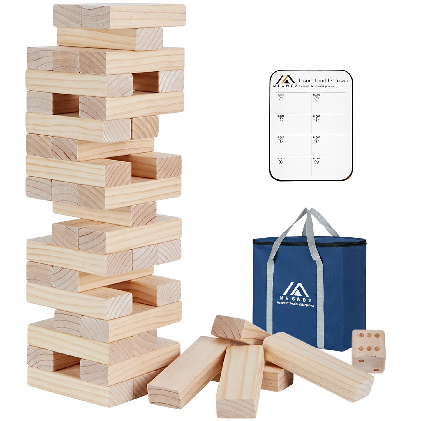 Megwoz Giant Tumble Tower Game – 60 Blocks, New Zealand Pine, Over 5 Feet Tall, Indoor/Outdoor Fun