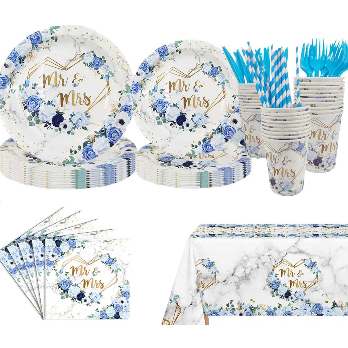 MEHOFOND 169-Piece Blue Wedding Decor & Disposable Dinnerware for 24
