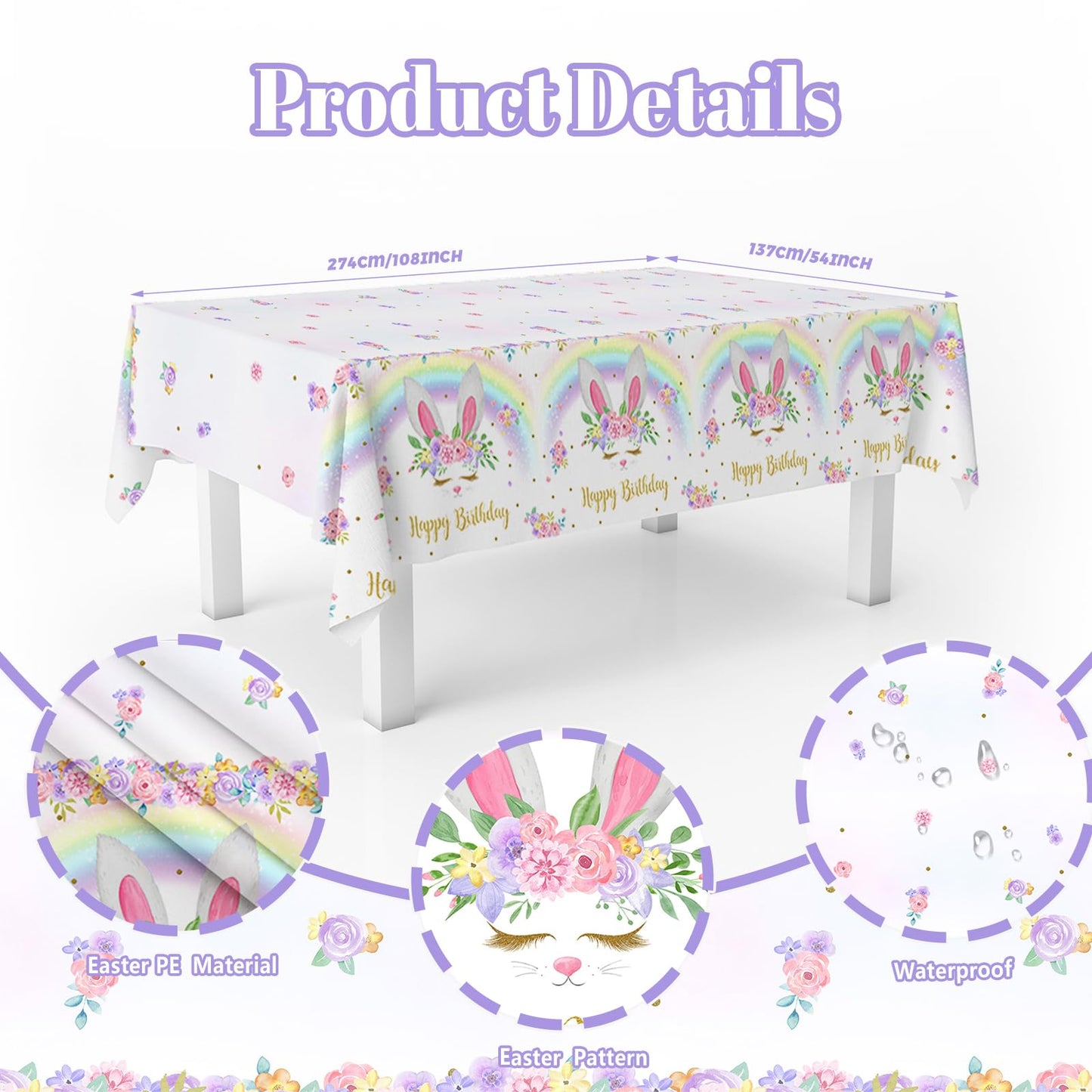 MEHOFOND 3 Pack Bunny Birthday Tablecloths – 54x108 in Rainbow Easter Table Cover, Disposable Party Decor