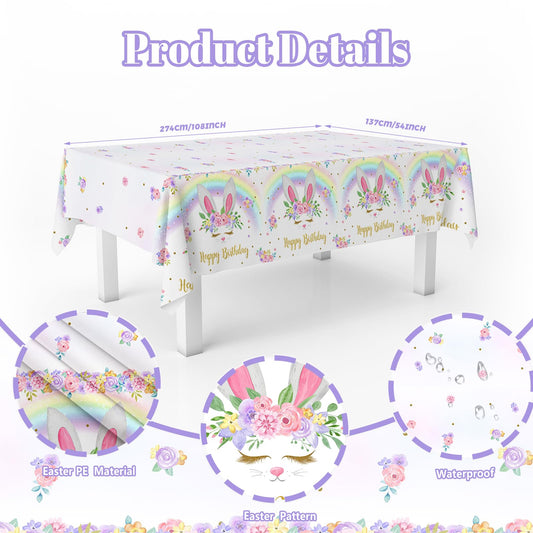 MEHOFOND 3 Pack Bunny Birthday Tablecloths – 54x108 in Rainbow Easter Table Cover, Disposable Party Decor