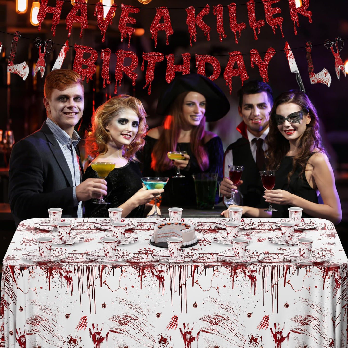 MEHOFOND Killer Birthday Decoration – 194Pcs Horror Tableware Set for Halloween Parties