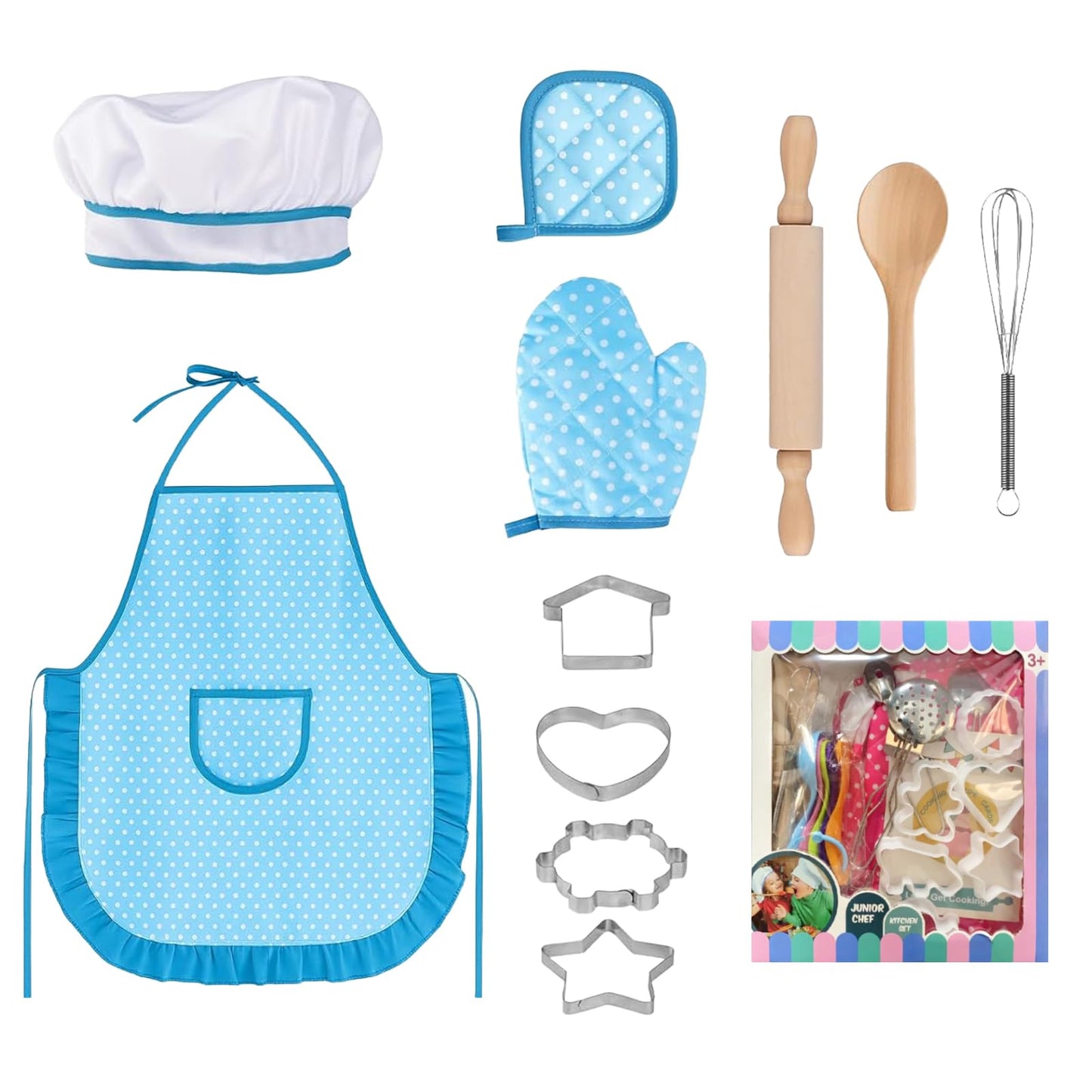MEIDAYAI 11-Piece Kids Chef Costume Set – Adjustable Apron & Realistic Cooking Toys for Ages 3-8 (Blue)