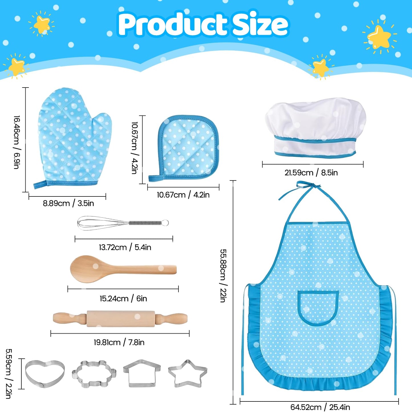MEIDAYAI 11-Piece Kids Chef Costume Set – Adjustable Apron & Realistic Cooking Toys for Ages 3-8 (Blue)