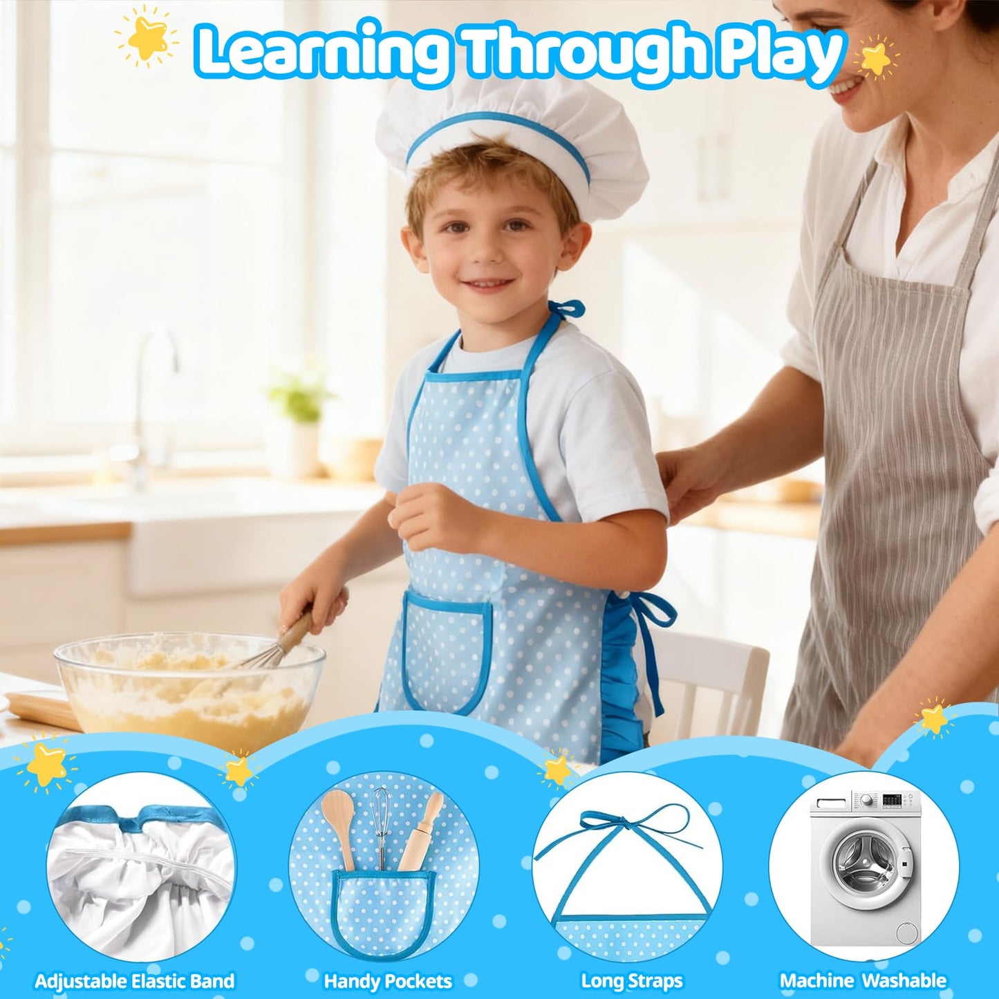 MEIDAYAI 11-Piece Kids Chef Costume Set – Adjustable Apron & Realistic Cooking Toys for Ages 3-8 (Blue)
