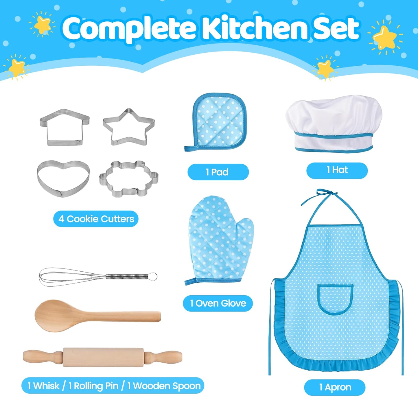 MEIDAYAI 11-Piece Kids Chef Costume Set – Adjustable Apron & Realistic Cooking Toys for Ages 3-8 (Blue)