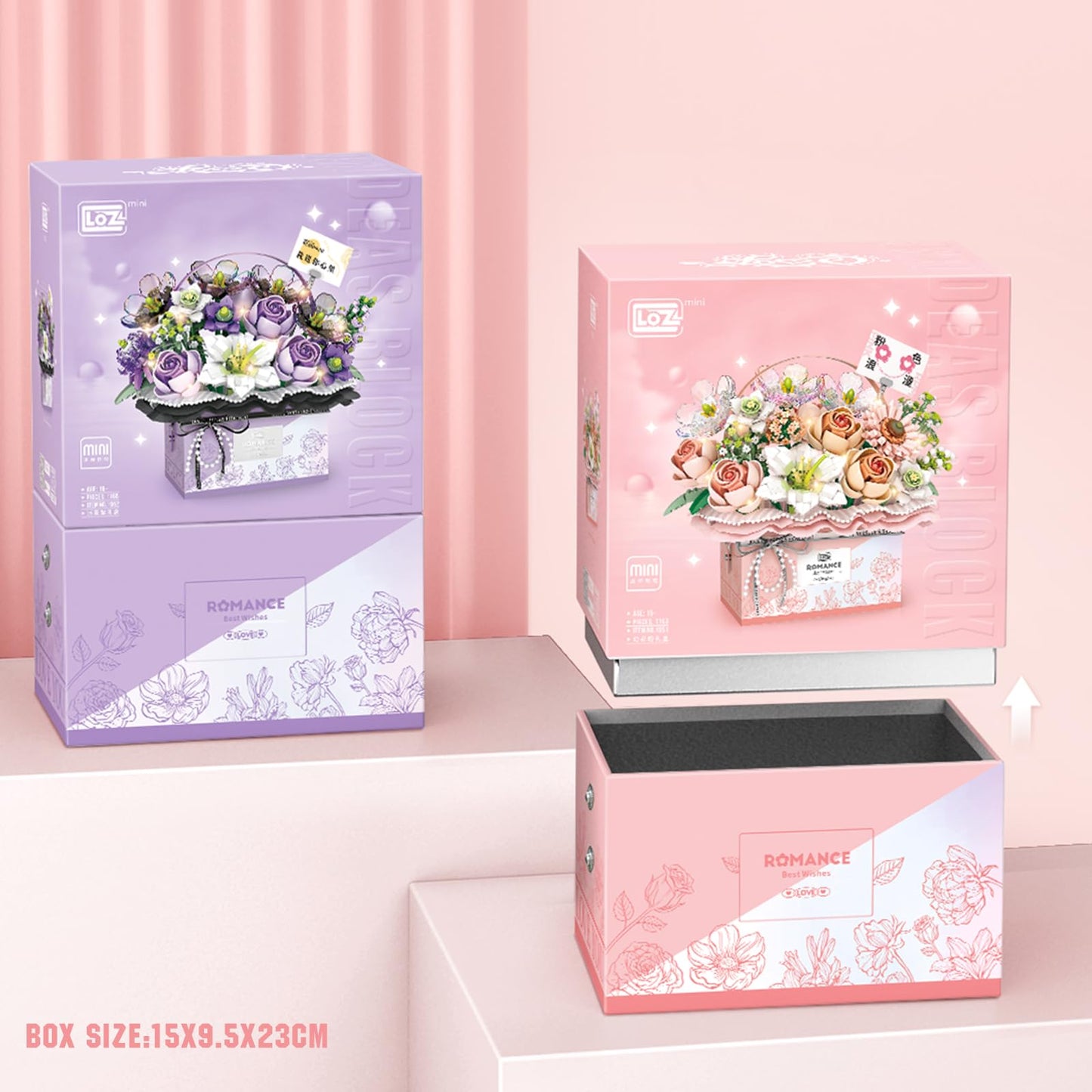 MEIEST Flower Bouquet Building Blocks Set | Artificial Rose Bonsai, Handheld Gift Box & Home Decor (Mist Purple)