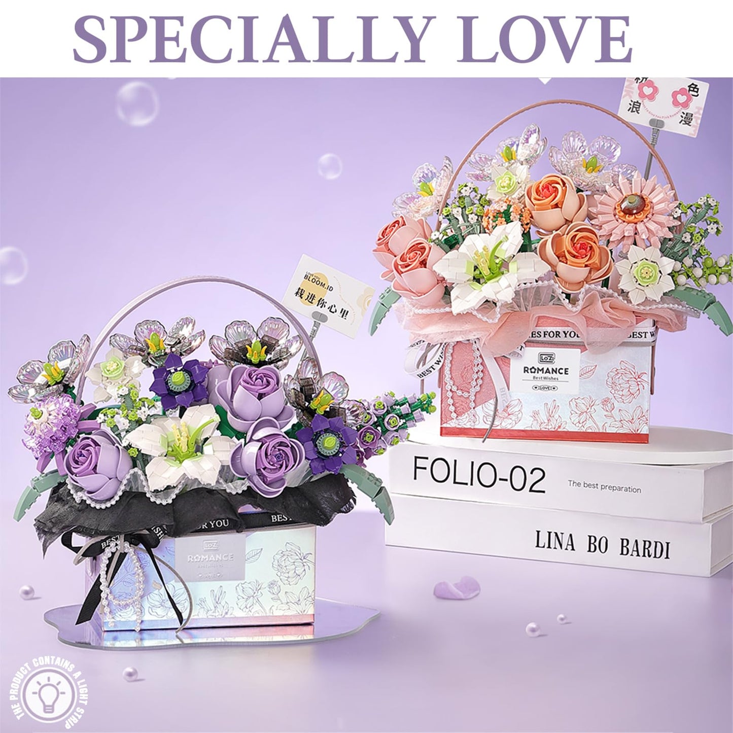 MEIEST Flower Bouquet Building Blocks Set | Artificial Rose Bonsai, Handheld Gift Box & Home Decor (Mist Purple)