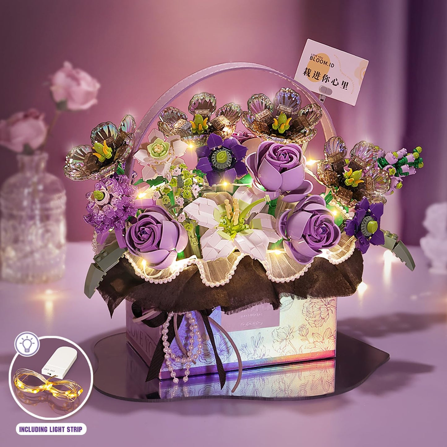 MEIEST Flower Bouquet Building Blocks Set | Artificial Rose Bonsai, Handheld Gift Box & Home Decor (Mist Purple)
