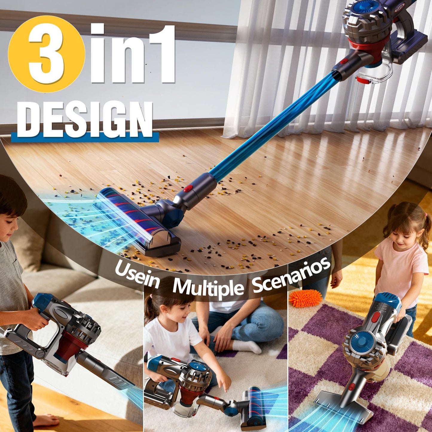 MEIJIABA Kids Vacuum That Really Works – Cordless Toy Vacuum for Toddlers (4-in-1 Cleaning Set)