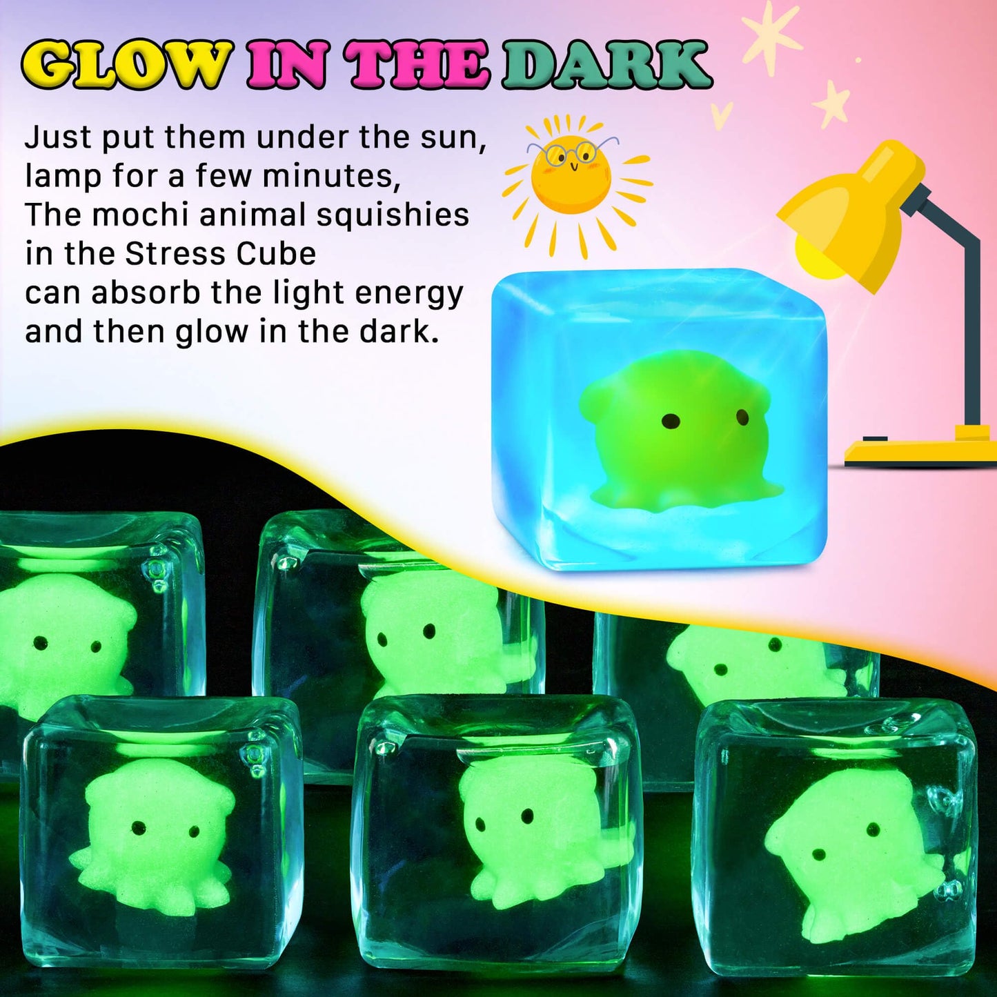 Meijoy Squishy Stress Cube Fidget Toy – Glow in the Dark Octopus Mochi Sensory Cube