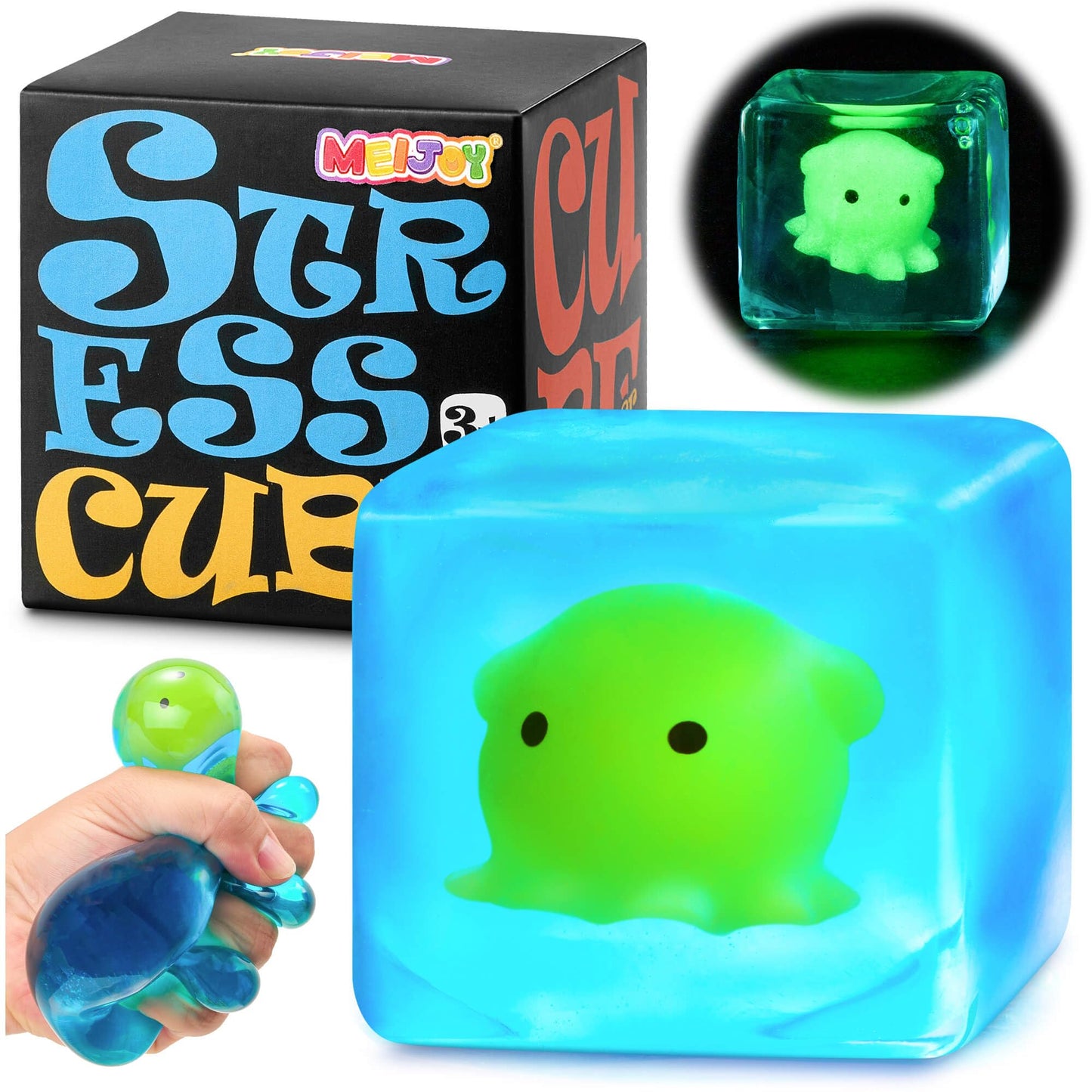 Meijoy Squishy Stress Cube Fidget Toy – Glow in the Dark Octopus Mochi Sensory Cube