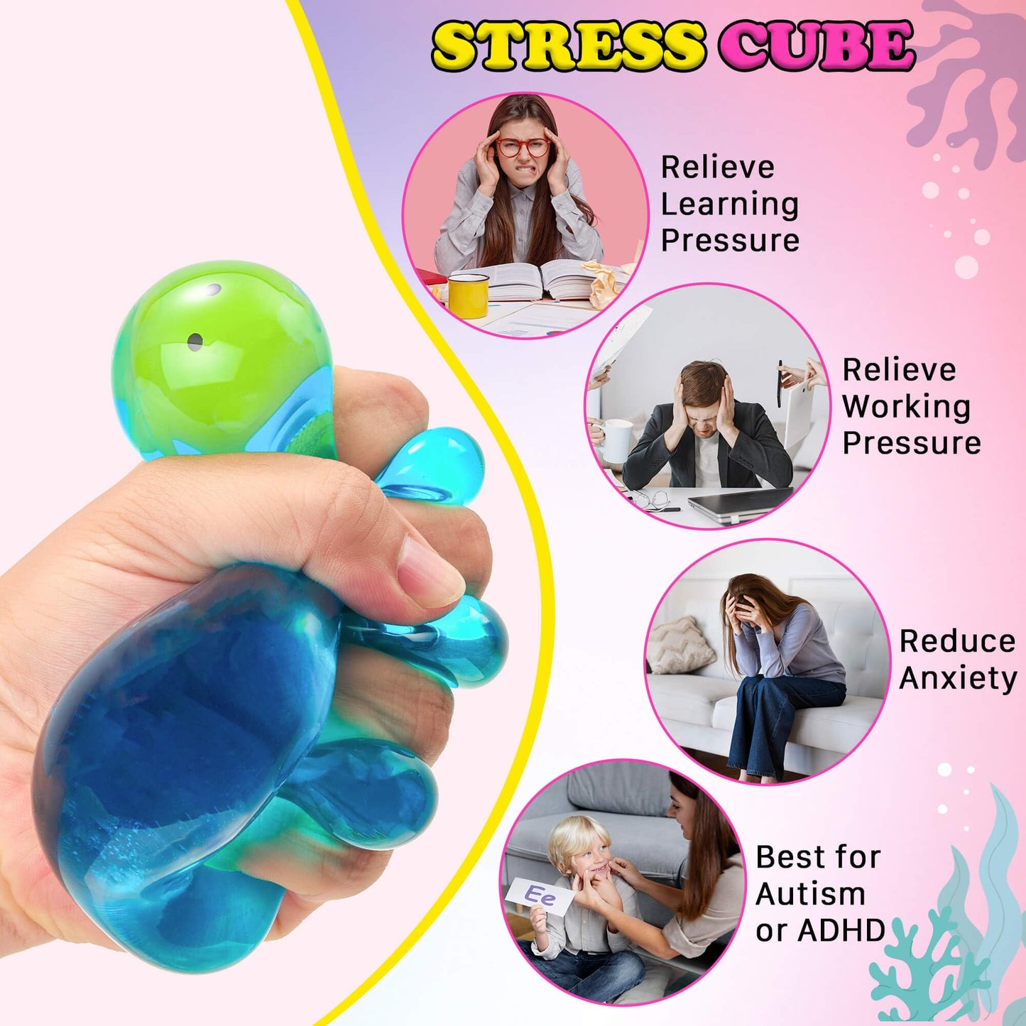 Meijoy Squishy Stress Cube Fidget Toy – Glow in the Dark Octopus Mochi Sensory Cube