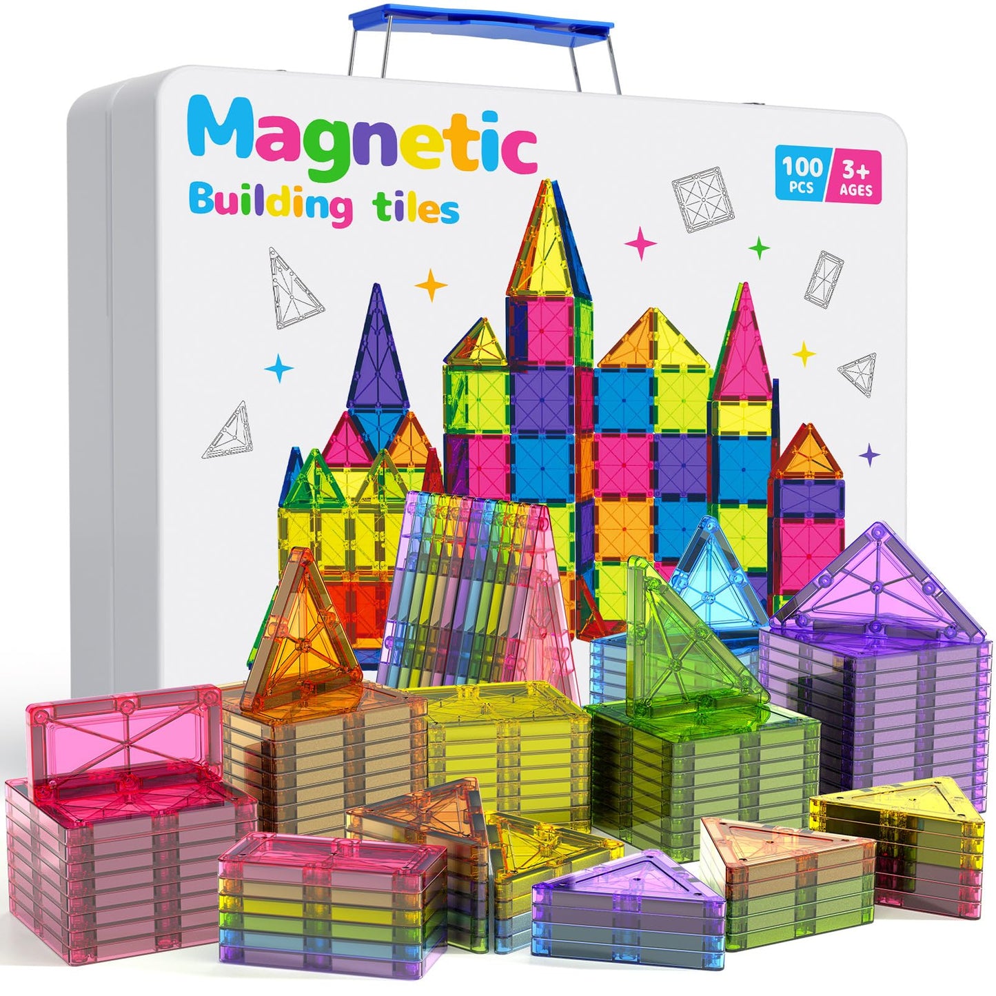 MEIQ 100-Piece Magnetic Tiles Set with Premium Case | STEM Building Blocks for Kids 3-8