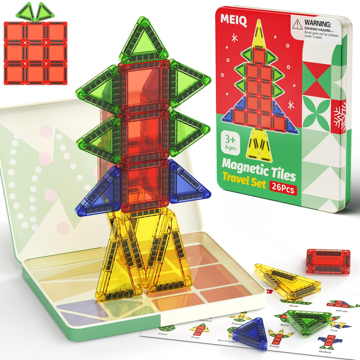 MEIQ Christmas Magnetic Tiles – 26-Piece STEM Toy with Festive Storage Box