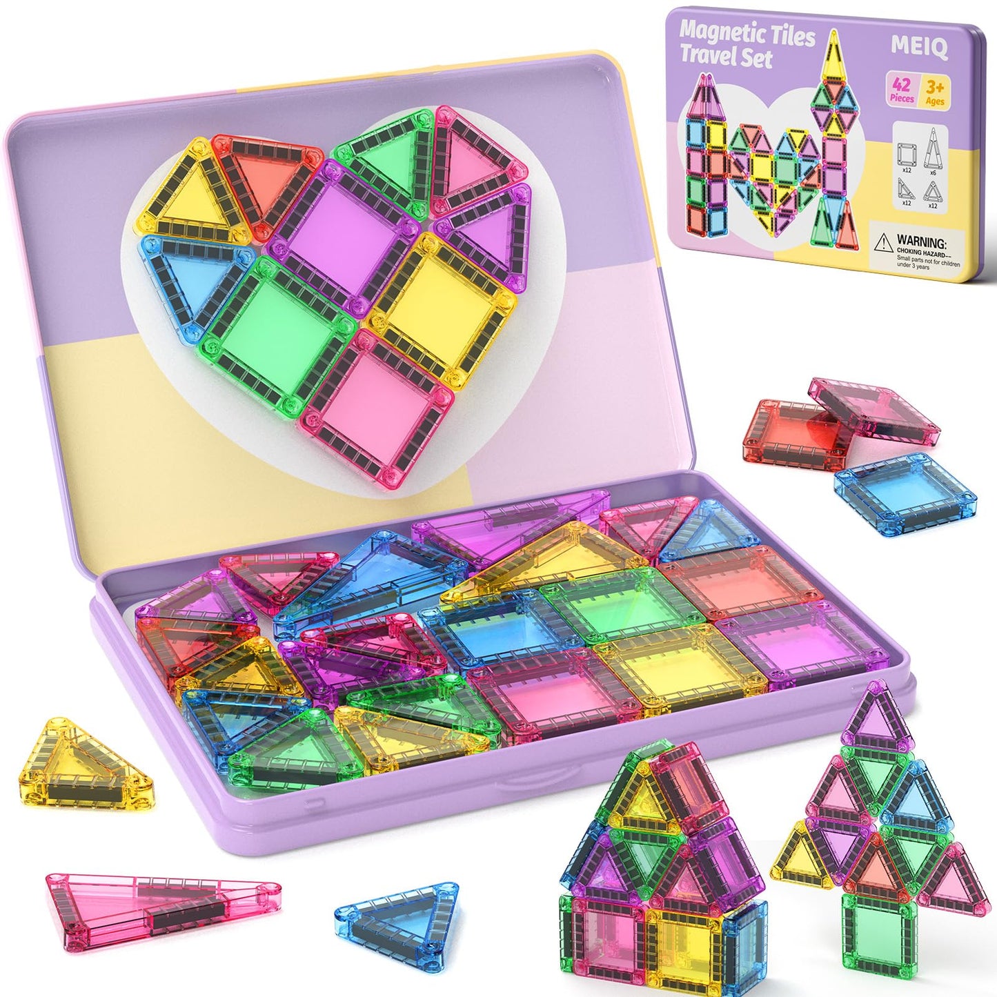 MEIQ 42-Piece Mini Magnetic Tiles Travel Set | Portable STEM Building Blocks