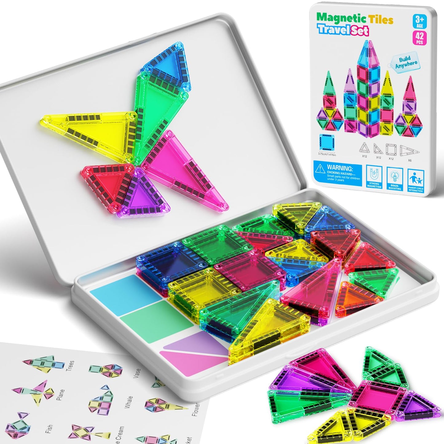 MEIQ 42PCS Mini Magnetic Tiles Travel Set – Portable STEM Blocks for Kids 3-8