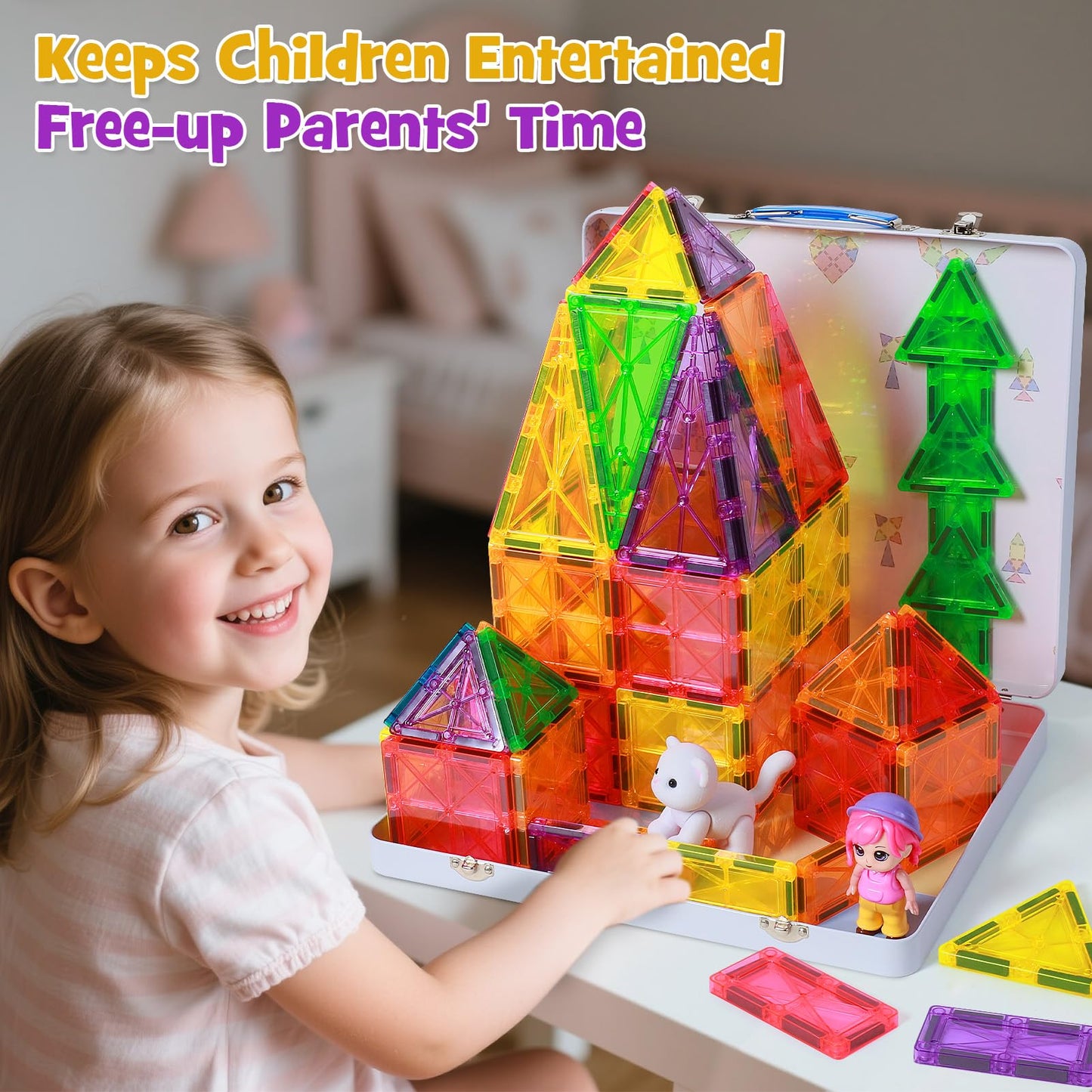 MEIQ 100-Piece Magnetic Tiles Set with Premium Case | STEM Building Blocks for Kids 3-8