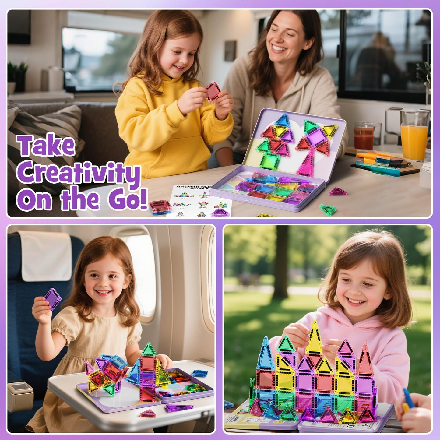 MEIQ 42-Piece Mini Magnetic Tiles Travel Set | Portable STEM Building Blocks
