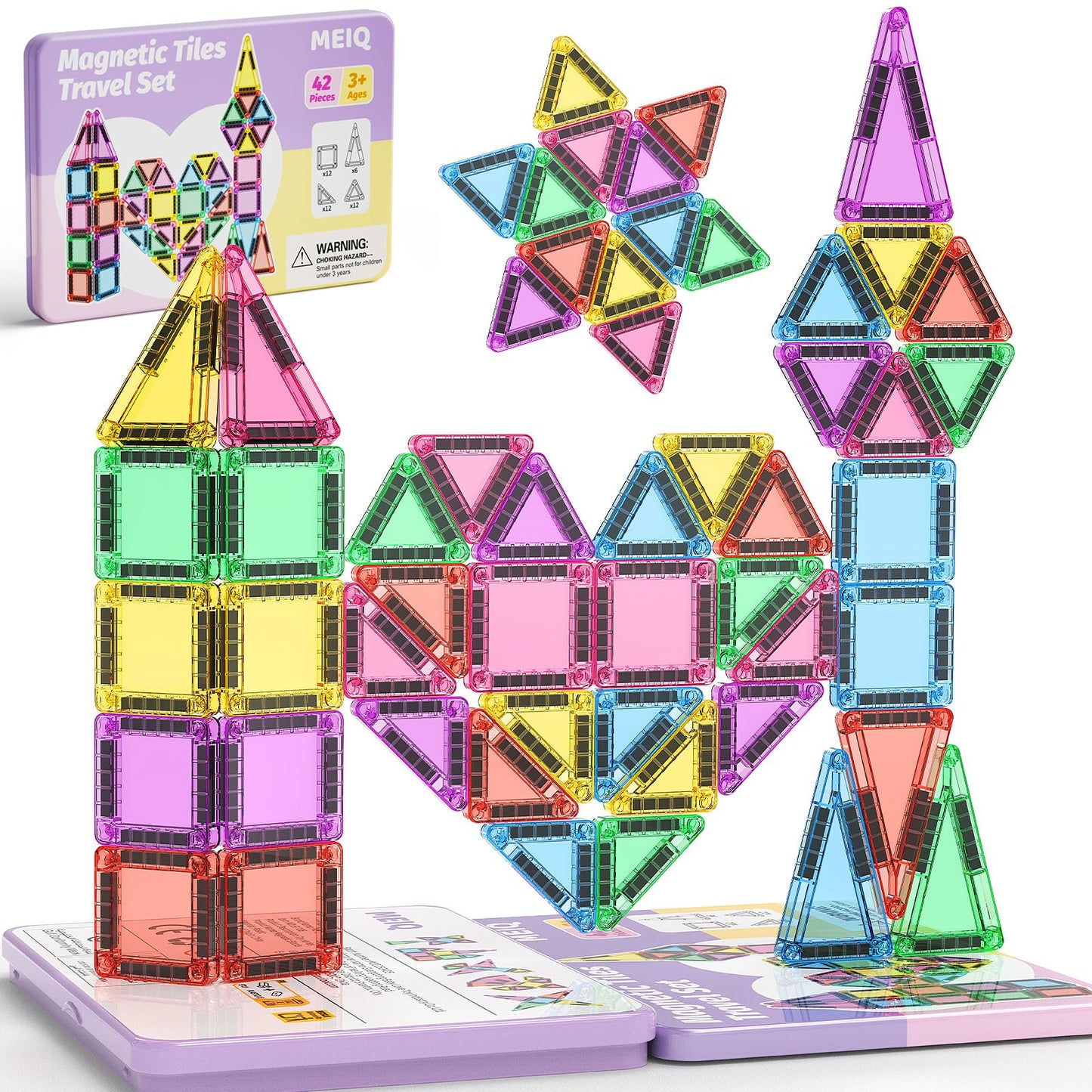 MEIQ 42-Piece Mini Magnetic Tiles Travel Set | Portable STEM Building Blocks