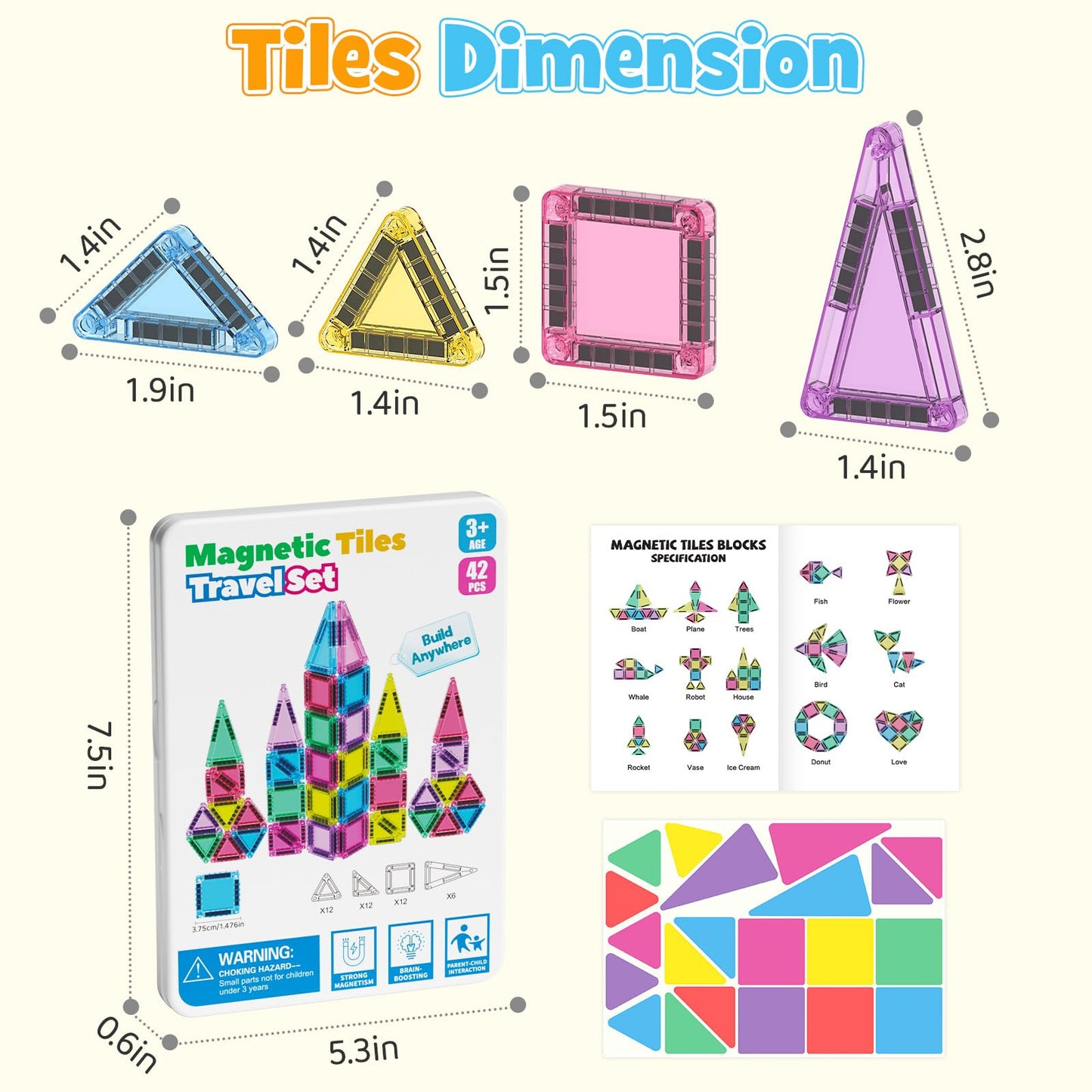 MEIQ 42PCS Mini Magnetic Tiles Travel Set – Portable STEM Blocks for Kids 3-8