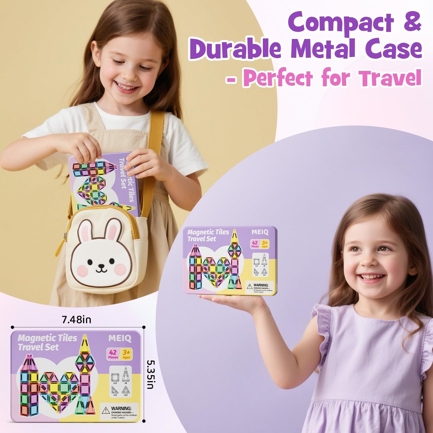 MEIQ 42-Piece Mini Magnetic Tiles Travel Set | Portable STEM Building Blocks