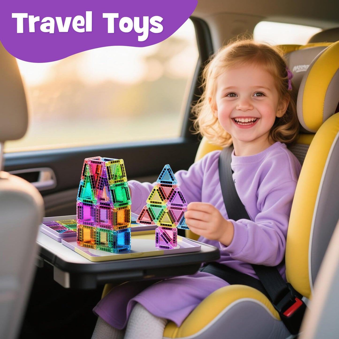 MEIQ 42-Piece Mini Magnetic Tiles Travel Set | Portable STEM Building Blocks